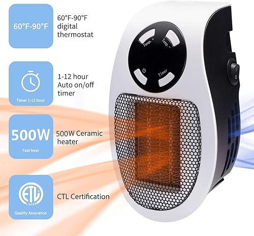 Miniatura 3 de Calentador eléctrico inteligente de 500 W con termostato y temporizador ajustables, protección contra sobrecalentamiento, pantalla LED,