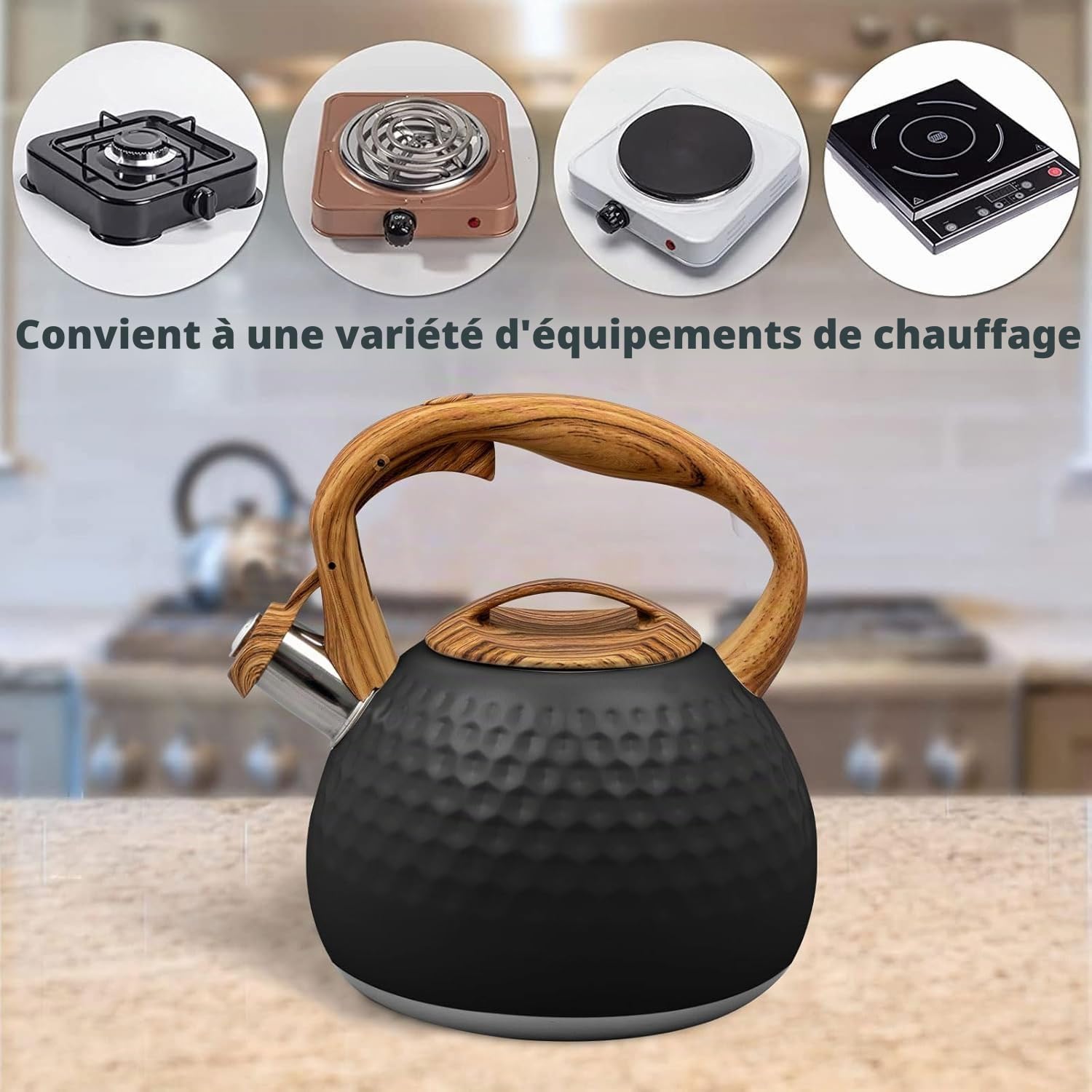 Bouilloire sifflante 3 l en acier inoxydable avec poignée effet bois bouilloire inox pour cuisinière induction gaz électrique (Noir)