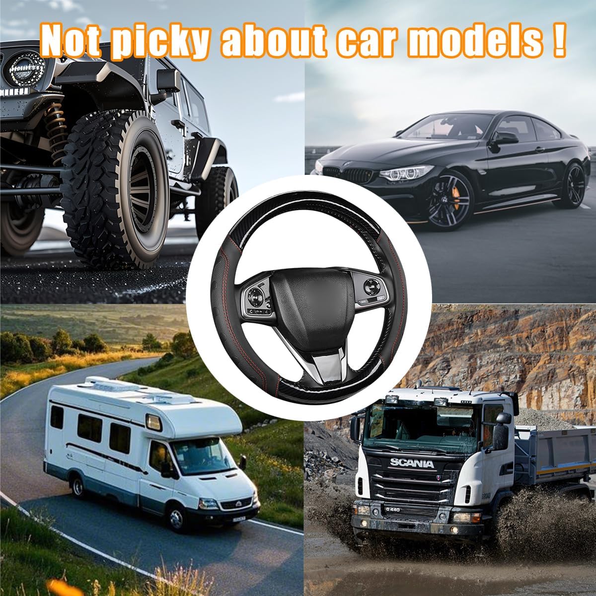 Car Steering Wheel Cover, 14.96" 3D Carbon Fiber Pattern Breathable Steering Wheel Protector with Anti-Slip Lining, Automobile Interior Accessories, Fit for Trucks Sedans SUVs (Black) - Image 2