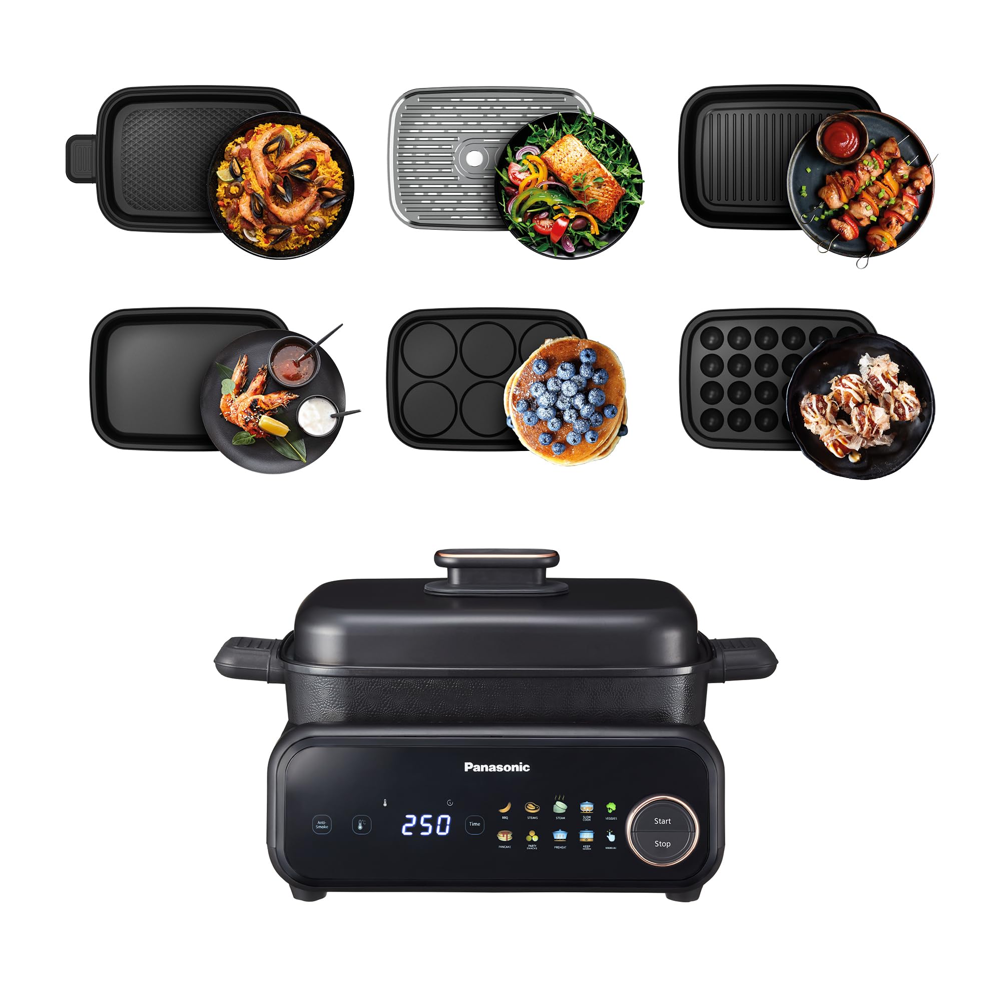 Panasonic NF-GM600KXE Garnek Elektryczny Multicooker 6 w 1, 1400 W, 40-250°C, 9 trybów automatycznych, 6 płyt, bezdymny, system odprowadzania dymu, można myć w zmywarce, przewód 2.5 m, czarny