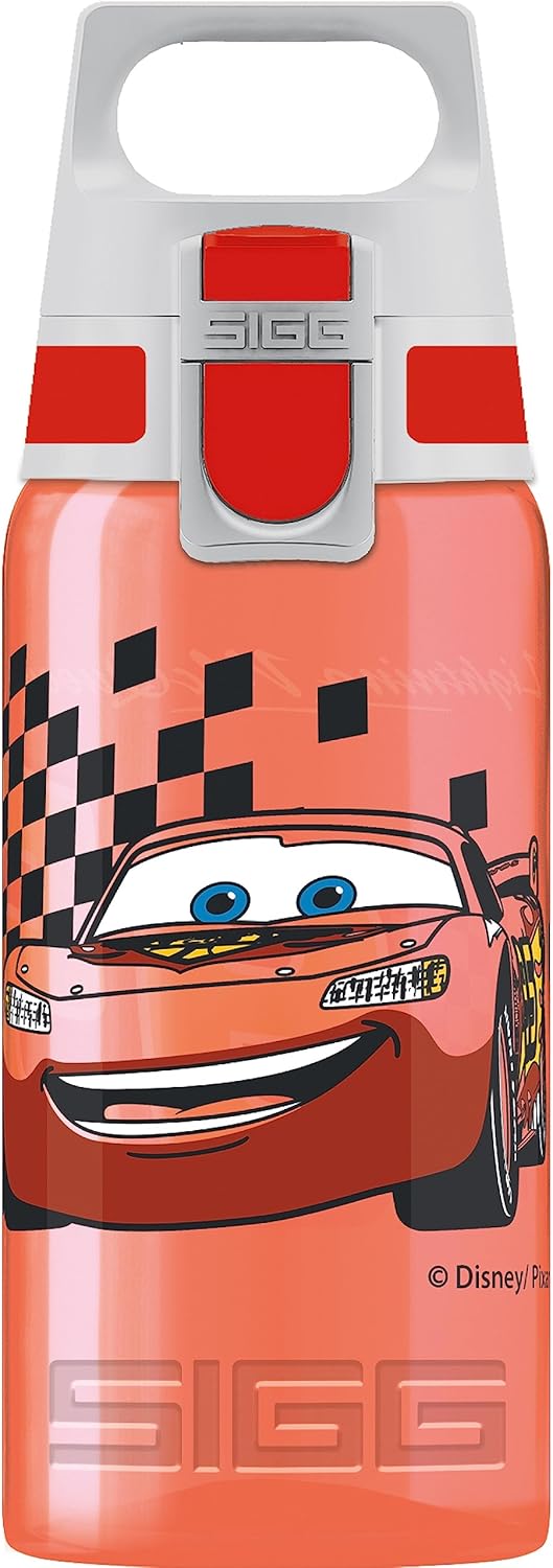 Sigg - Sports Water Bottle for Kids - Viva One Cars (Disney) - Suitable for Carbonated Drinks - Leak-Proof - Dishwasher Safe - BPA Free - for School & Sports - Red - Lightning McQueen Design - 0.5L