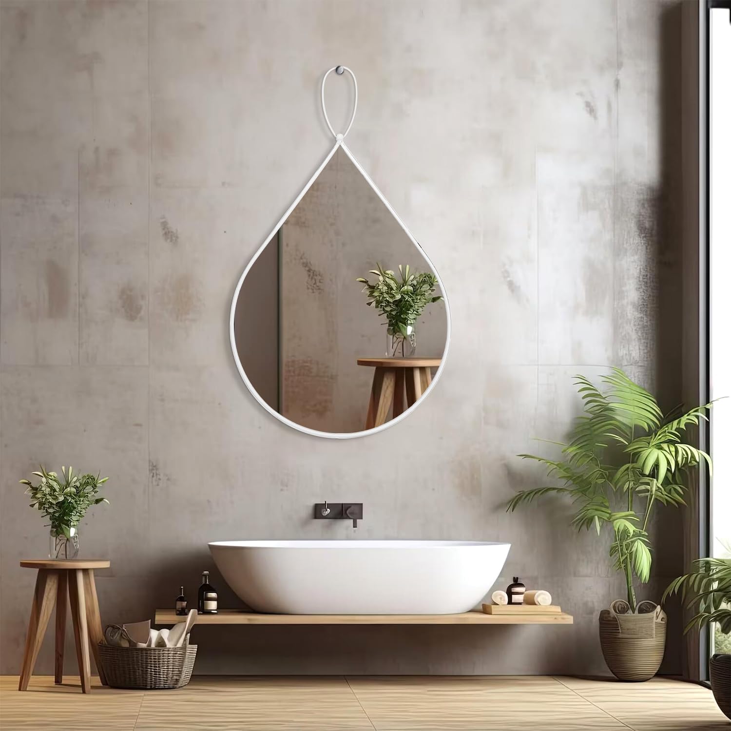 Teardrop Wall Mirror White Metal Frame 26 x 18 Inch Wall Mounted Decorative Mirror for Hallway Entryway Living Room Bathroom Vanity