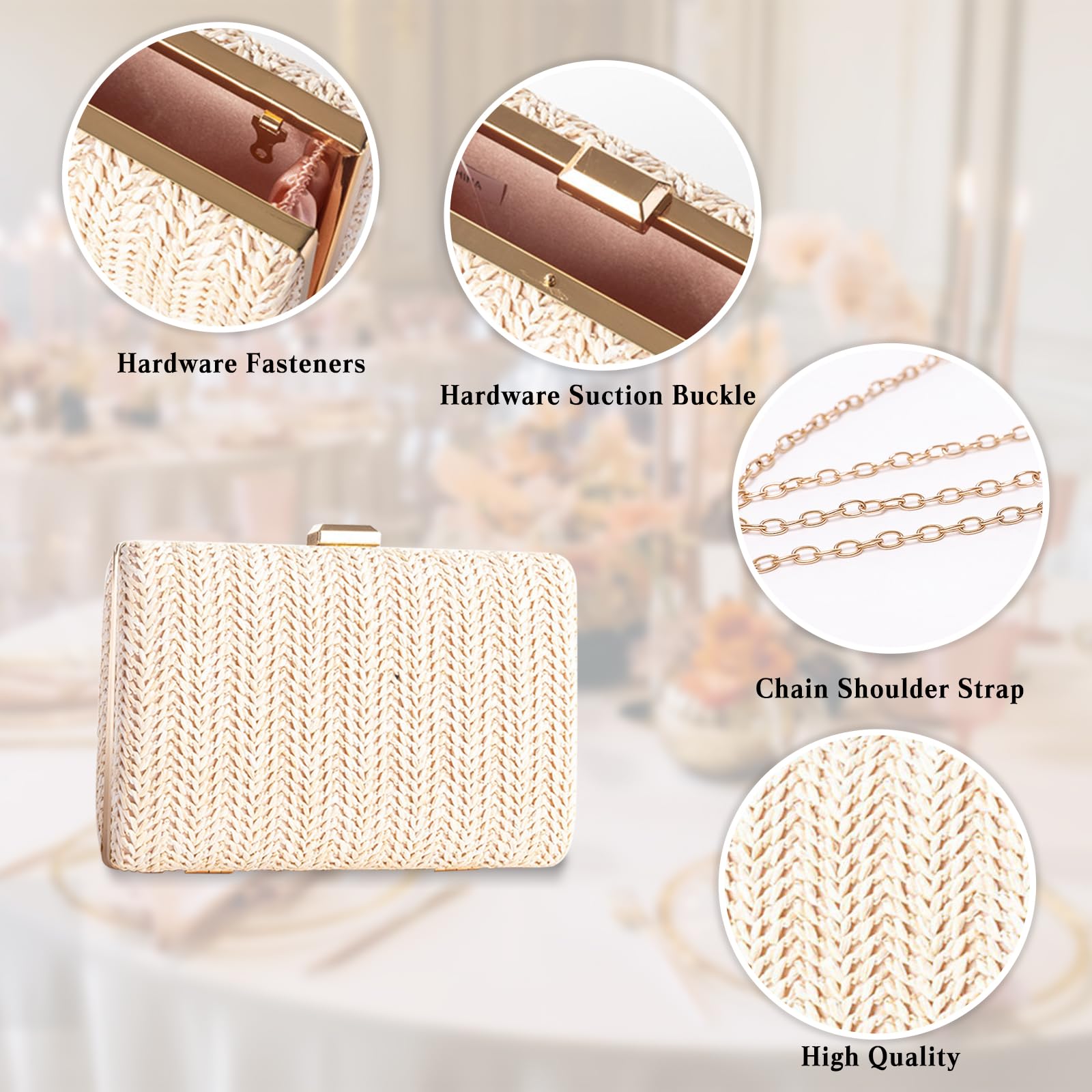 CORIOS Damen Strohtasche Abendtasch Frauen Gewebte Tasche Hochzeit Brautbörse Elegante Clutch Tasche Klein Tasche Formale Handtasche Schultertasche Luxuriös Umhängetasche für Bankett-Party Schwarz