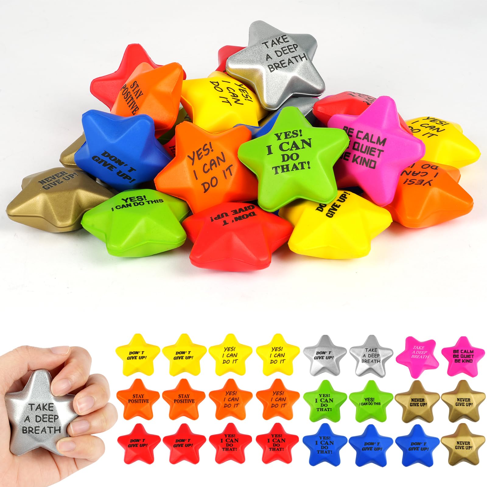Ainiv Star Funny Motivational Stress Balls, 24 PCS Anti-Stress Balls for Adults, Mini Fun Star Shape Sensory Stress Ball for Kids and Adults, Hand Exercise Stress Relief Balls Toys for Anxiety Stress