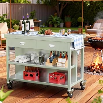 KINGBO 50 Stainless Steel Kitchen Island with Storage, Rolling Kitchen Island Table with 2 Drawers on Wheels, Portable Island Cart for Kitchen, Outdoor, Restaurant, Cafe
