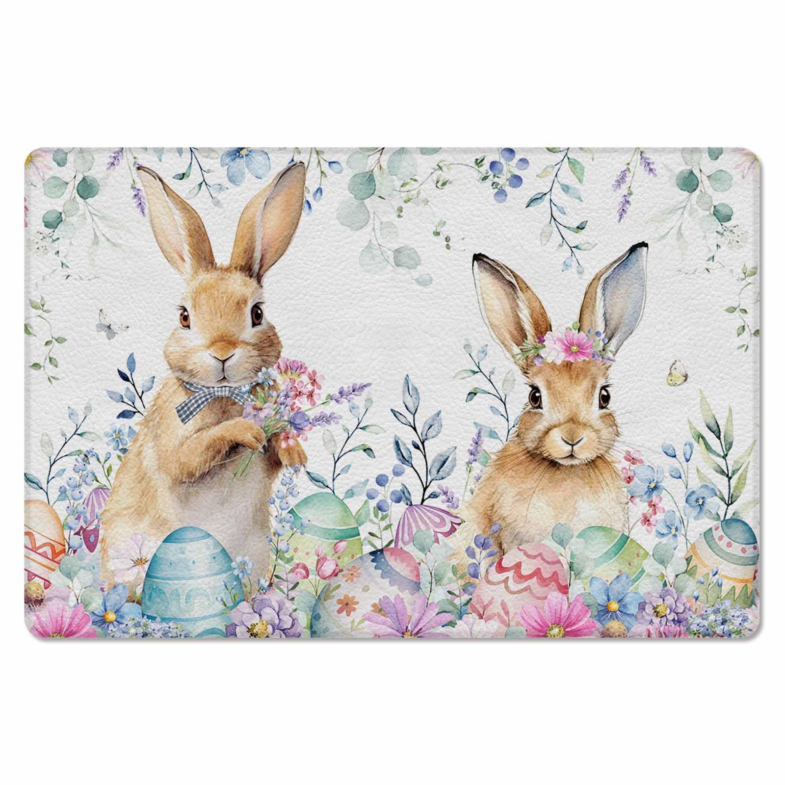 Easter Spring Kitchen Bath Door Mat Cushioned Runner Rug,Washable Welcome Floor Sink Antifatigue Mat,Waterproof & Non-Slip Comfort Standing Doormat,Eucalyptus Leaves Flower Plant Eggs Bunny 18