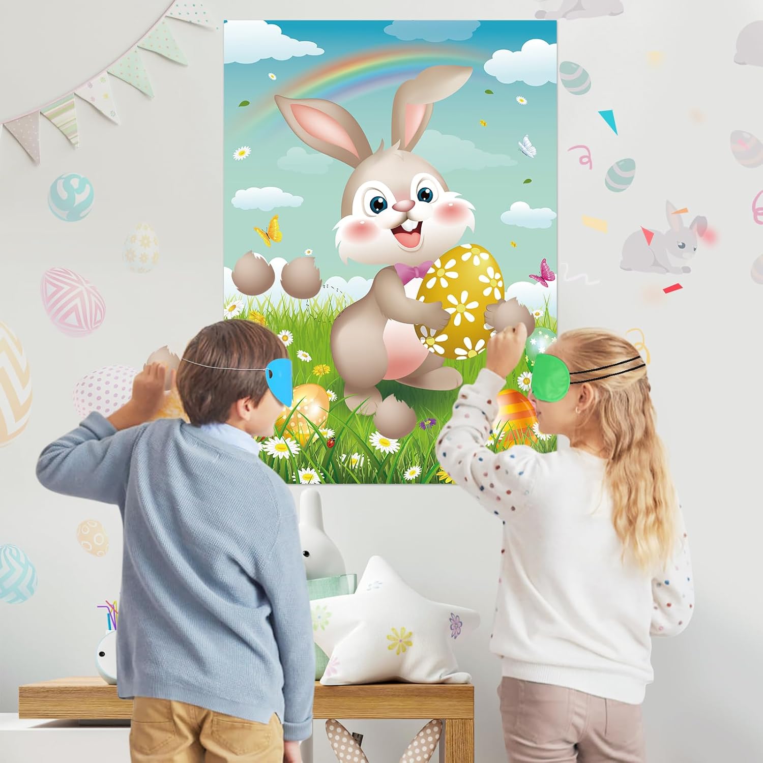Pin The Tail on The Bunny Game with 36 Tail Stickers Happy Easter Party Game for Kids Easter Egg Hunt Activities, Large Bunny Game Poster for Happy Easter Party Decoration Supplies