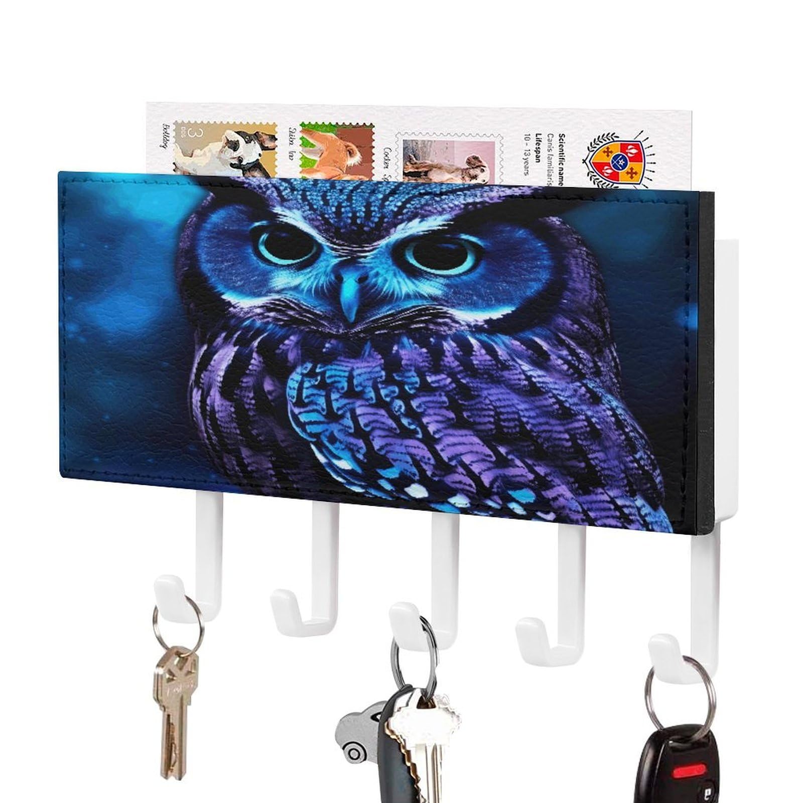 Fekiloot White-Style Blue Owl Key Holder Wall Mount Key And Mail Holder Key Hanger With 5 Hooks Decorative Pu Key Rack Hanging Key Hooks For Wall Living Room Kitchen Bathroom Hallway