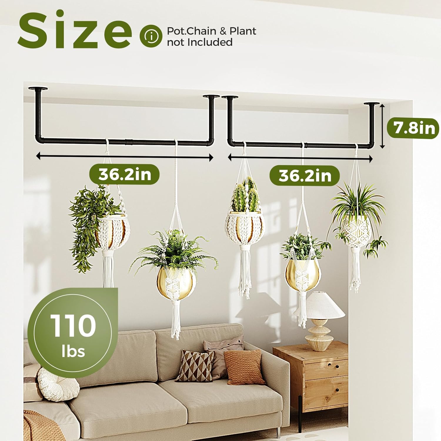Bamworld 36.2" Hanging Planters 2PCS for Indoor Plants Hanging Plant Holder Plant Hanger Indoor Ceiling Window Plant Shelves Wall Mount Black Metal Rod(Pot&Plant Not Included)
