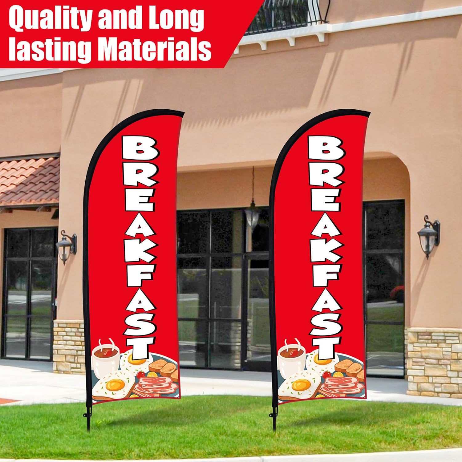 Hahafelt 2 Sets Breakfast Feather Flag Kit 8ft Breakfast Swooper Flag Special Restaurant Advertising Feather Banner with Ground Stake and Portable Bag Advertising Sign for Business(Red)