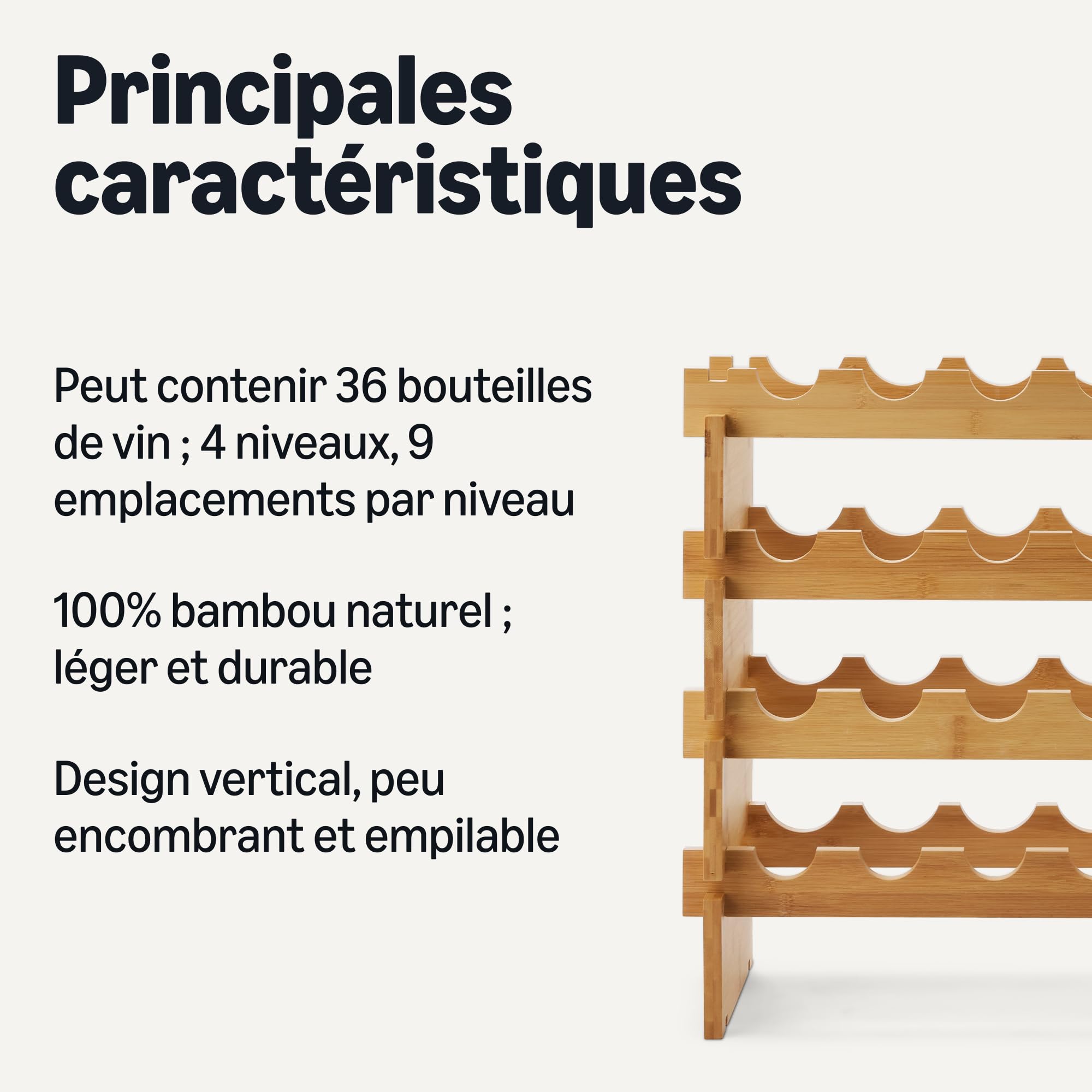Amazon Basics Casier à vin empilable en Bambou, capacité de 36 Bouteilles, Naturel