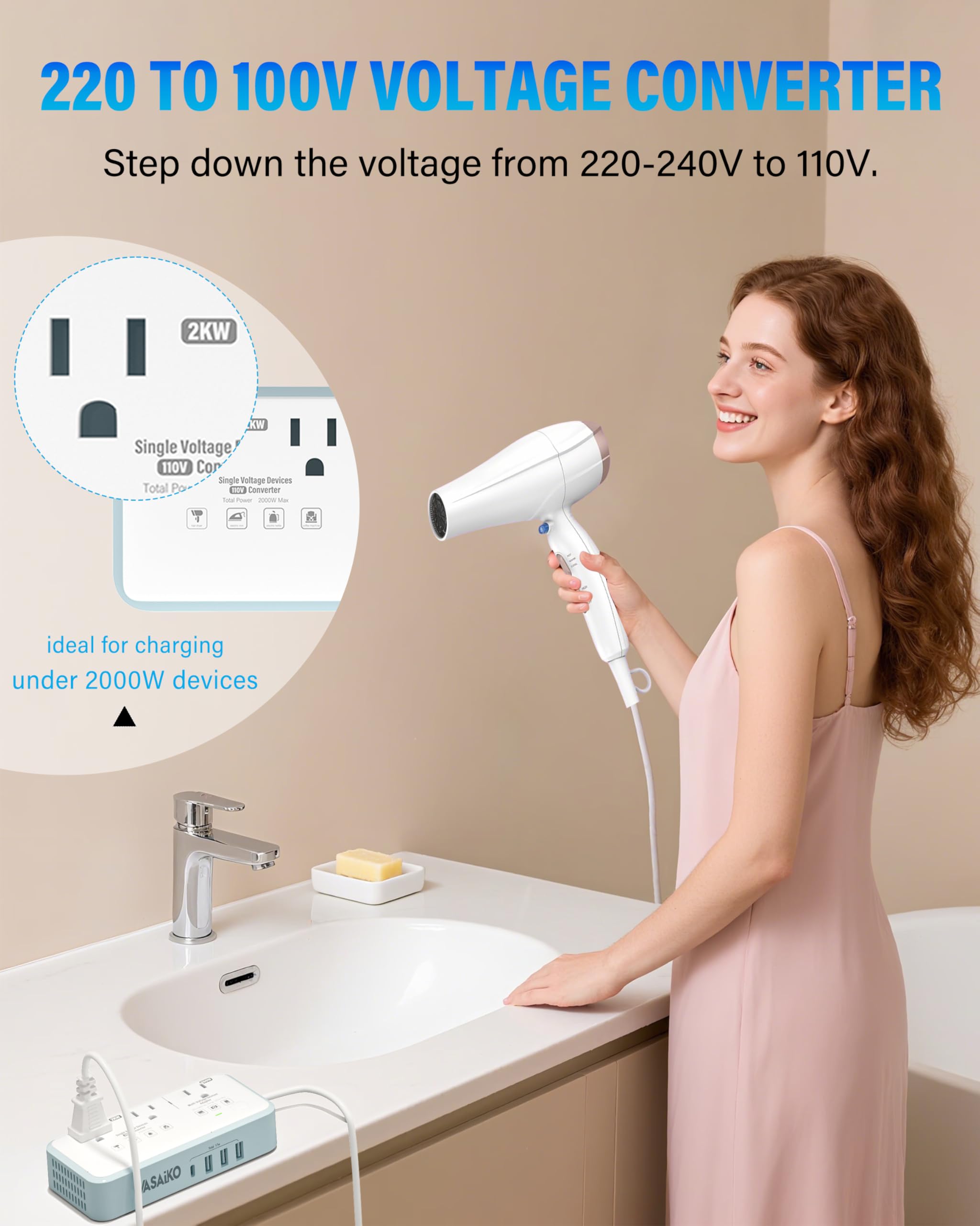 Convertidor de corriente de 220 V a 110 V de EE.UU. a Europa, 2000 W Max International Power Converter con 4 Carga USB, convertidor de energía para Europa con adaptador de enchufe