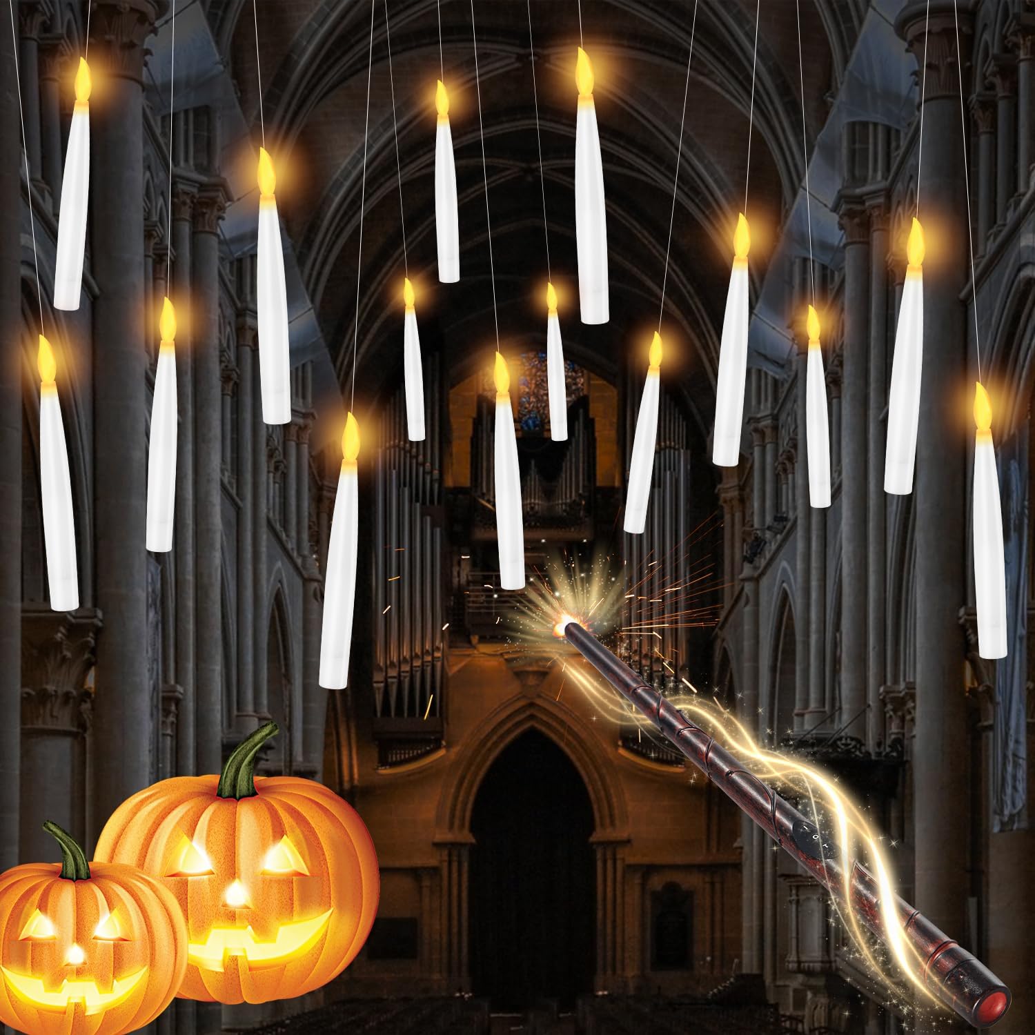 Floating Candles with Wand, 20 Pcs Magic Hanging Candles Halloween Battery Operated