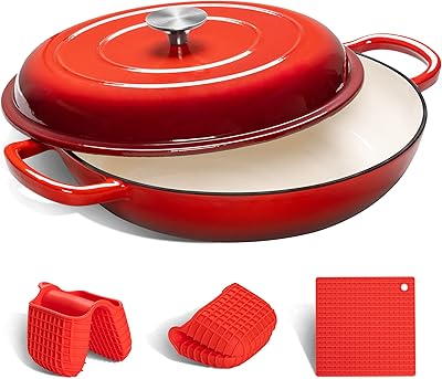 MICHELANGELO Cast Iron Braiser Pan with Lid, 3.5 Quart Enameled Cast Iron Casserole Dish, Covered Shallow Dutch Oven Enameled Cast Iron Cookware with Silicone Accessories, Oven Safe Braiser-Cherry Red