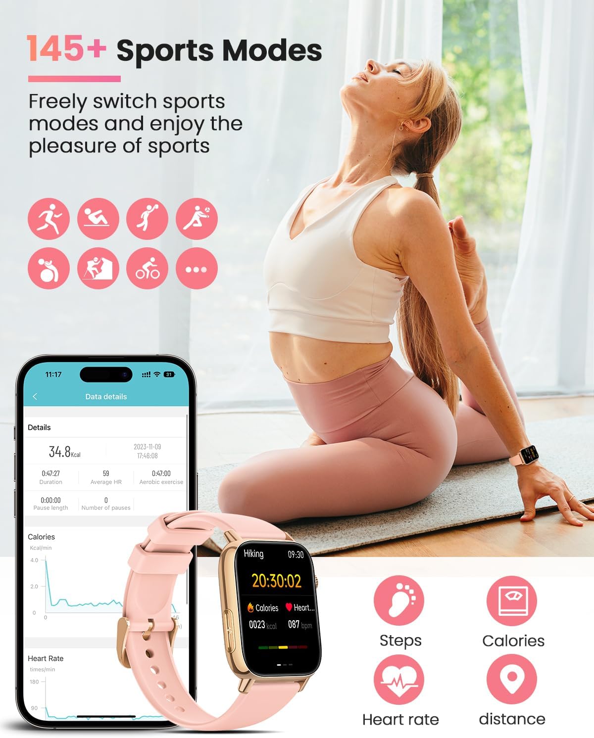 BANLVS Smartwatch showing 145+ sports modes and activity tracking