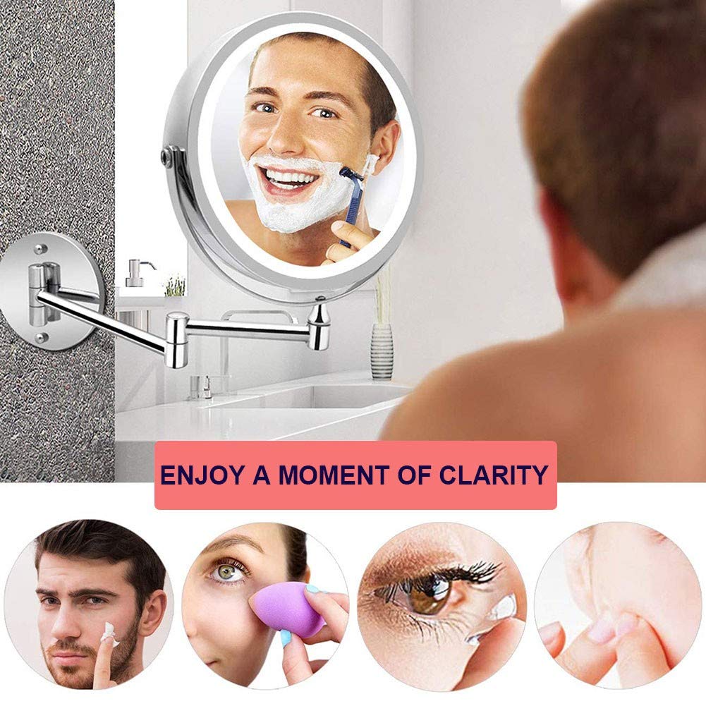 Espejo de maquillaje montado en la pared, con Luces - Aumento de 10x Espejo de baño extensible giratorio de Dos Caras de 7'' Fuente Doble