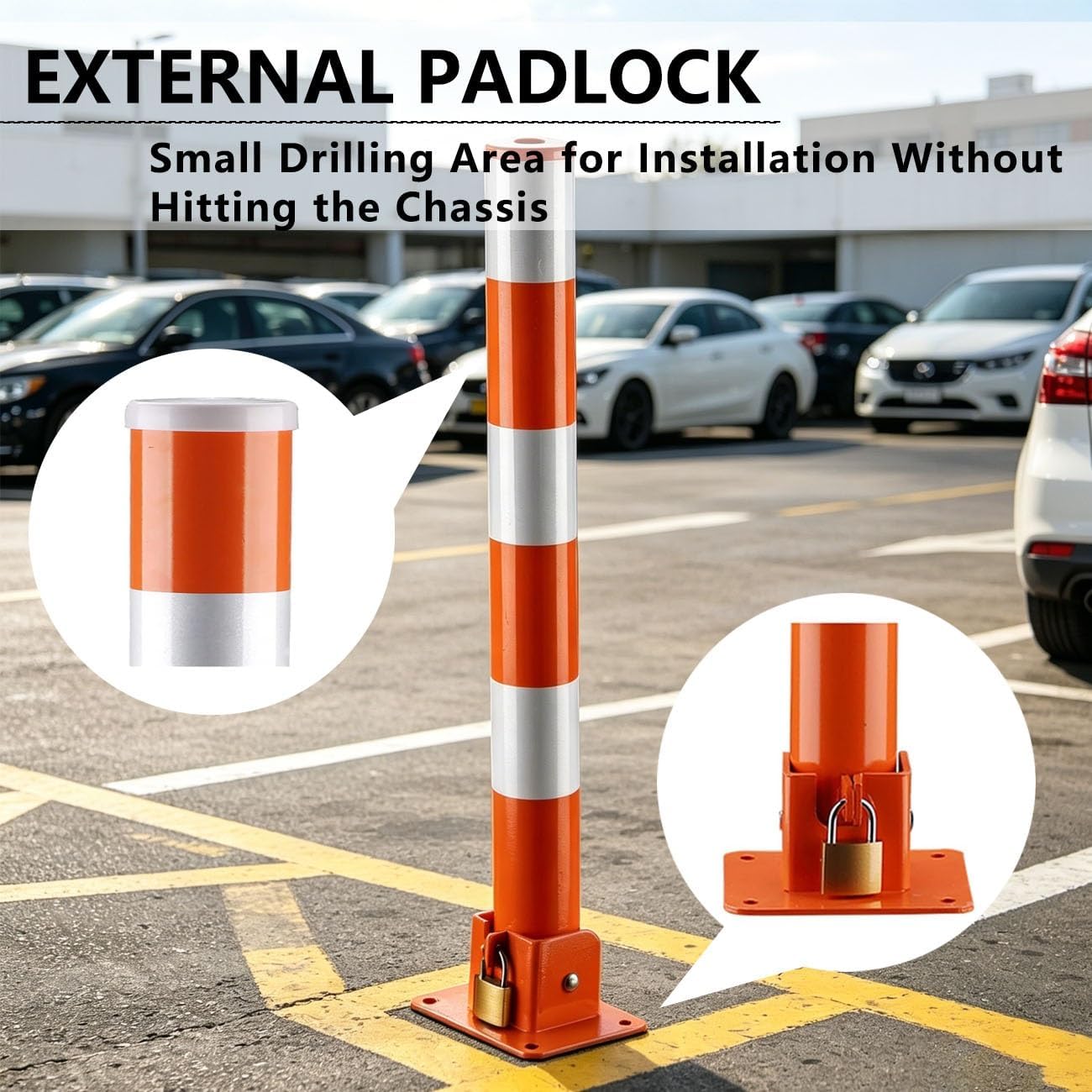 Parking Security Post, Foldable Bollard with Integrated Lock, 600mm Height Reflective Markings, Waterproof Corrosion-Resistant Steel, for Home Driveway Private Parking