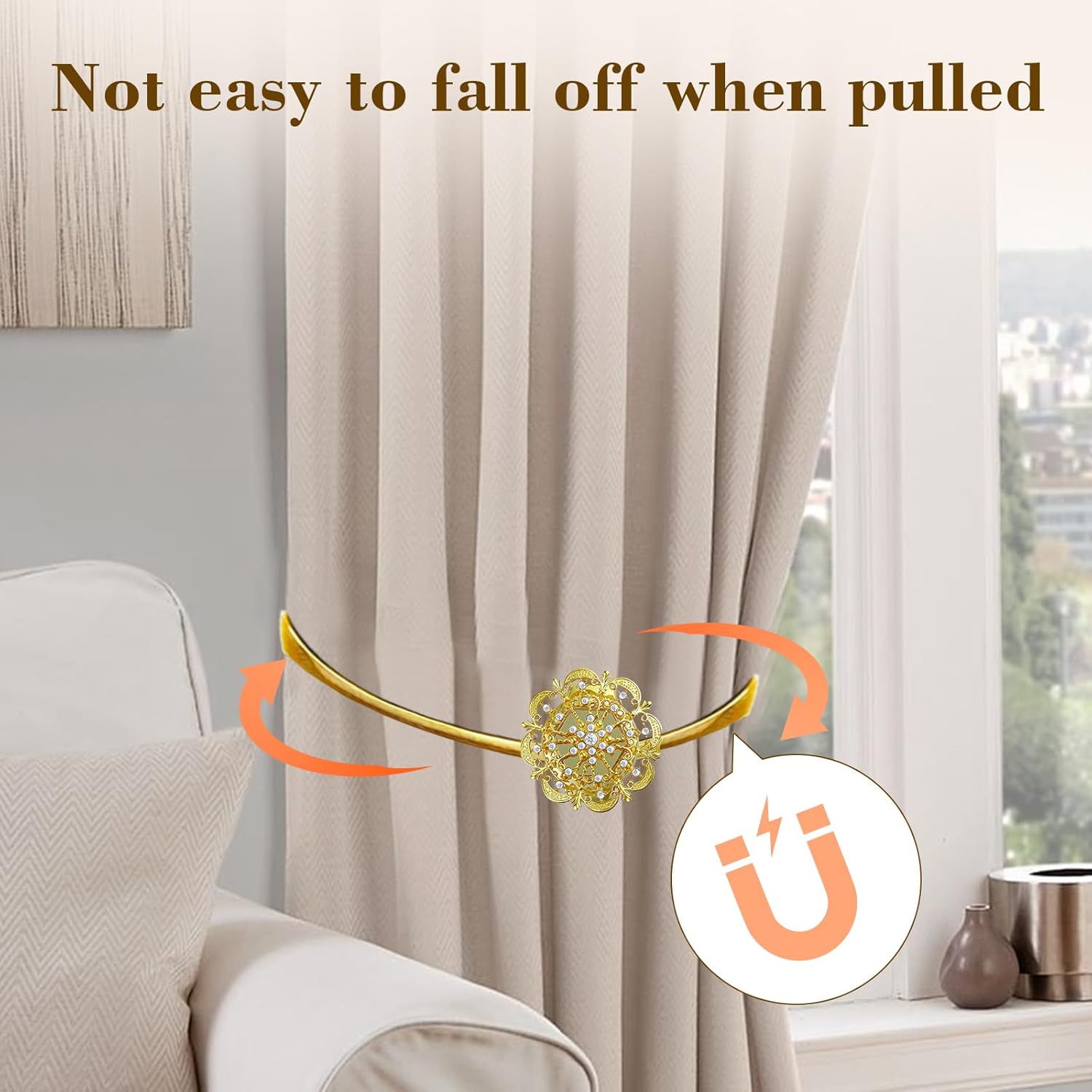 4 Pack Magnetic Curtain Tie Backs, Gold Crystal Flower Holdbacks with No-Drill Magnetic Clasps and High-Elastic Spring Wire for Living Room Bedroom Window Decor