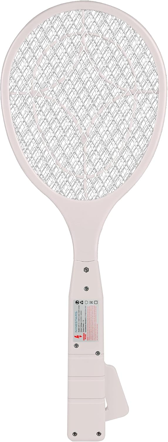 Ninestars Battery-Free Electric Mosquito Fly Swatter, Ergonomic Press-to-Charge Design with ABS Body and Triple-Layer Safety Mesh White
