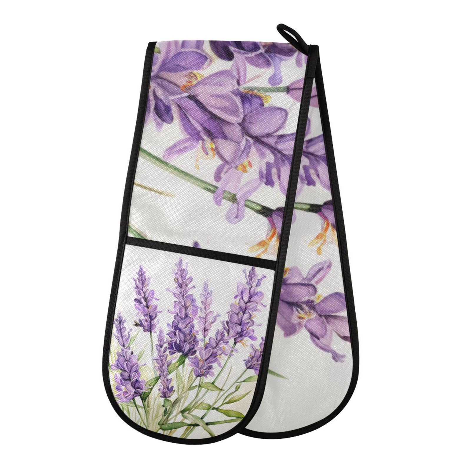 Oven Gloves Double Oven Gloves Purple Lavender Flower D Heat Oven Mitts Pot Holder Heat Resistant Quilted for BBQ Baking Kitchen Cooking Gloves