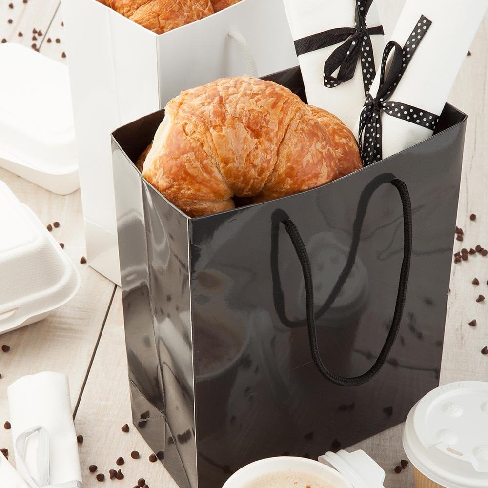 Restaurantware 6.5 Inch x 3.2 Inch Paper Shopping Bags 10 Glossy Finish Paper Party Bags - Rope Handles Cardboard Base Black Paper Gift Bags Reusable For Parties and Shopping
