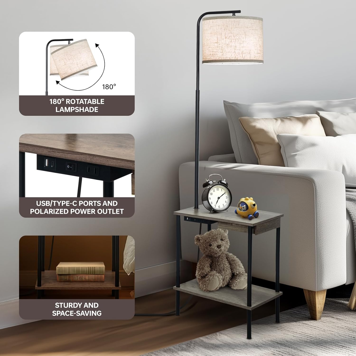 Floor Lamp with Table & Drawers, End Table Lamp with USB Charging Portt Power Outlet and Shelves, Side Table Reading Light with 3 Color Temperature Led Bulb Included for Living Room, Gray