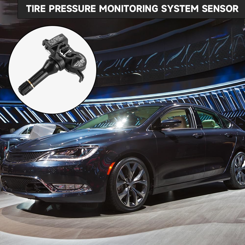YOLLKY 433MHz TPMS Sensor shown with a car, highlighting its application in tire pressure monitoring and listing compatible Dodge, Chrysler, and Jeep models.