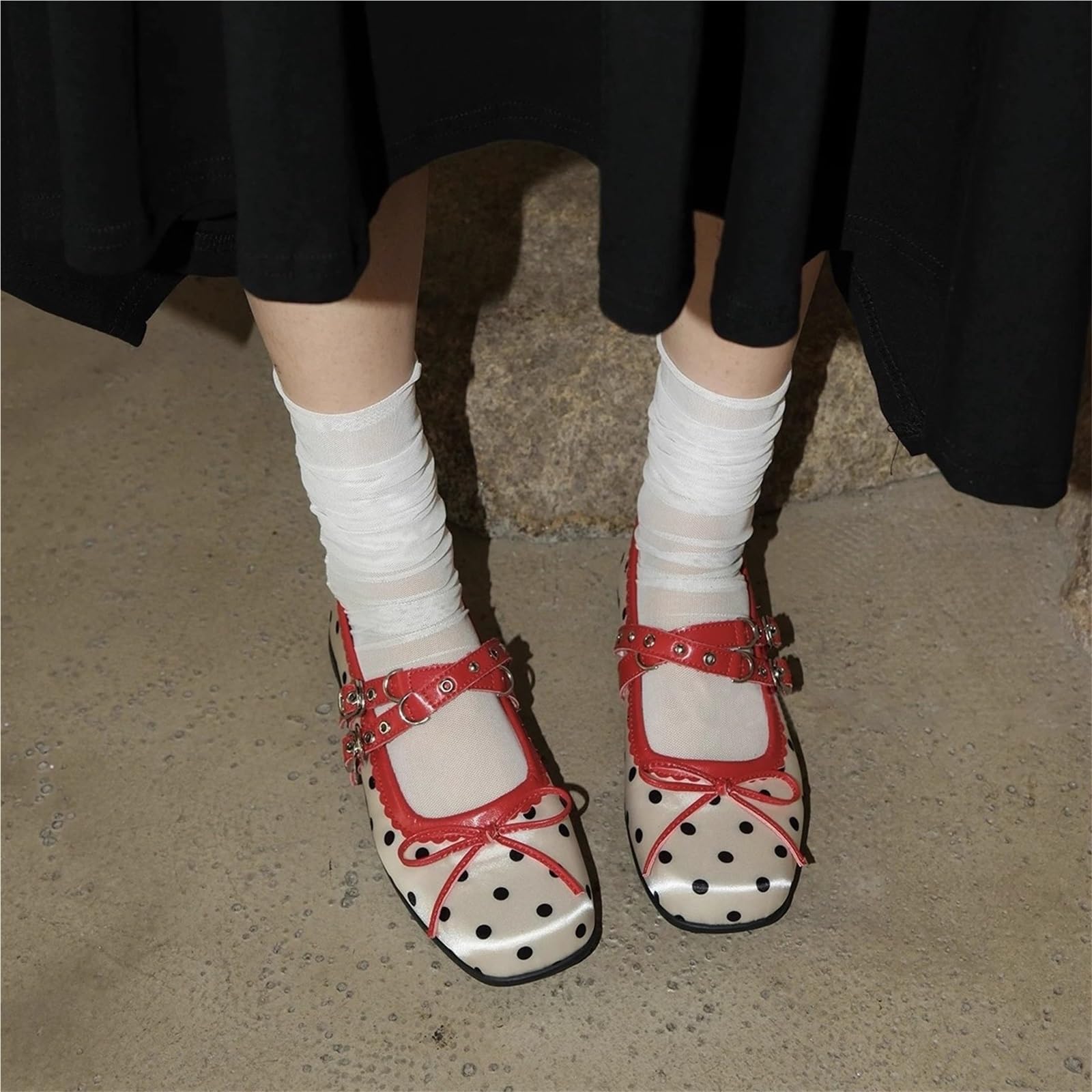 Scarpe Mary Jane A Pois Rossi Raso Suola Morbida Ballerine Donna