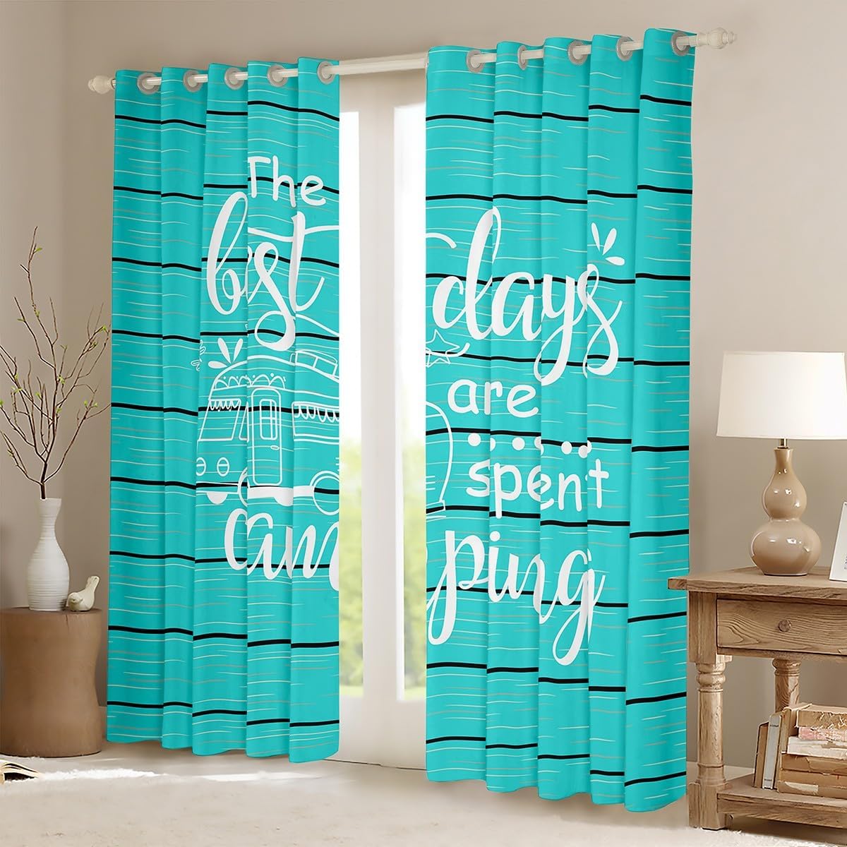 Happy Camping Campers Blackout Curtains Wooden Geometric Stripes Window Drapes for Kids Teens,Happy Outdoors Natural Rustic Blue Window Treatments Grommet Top 2 Panel Set Bedroom Curtains,52X63 inch