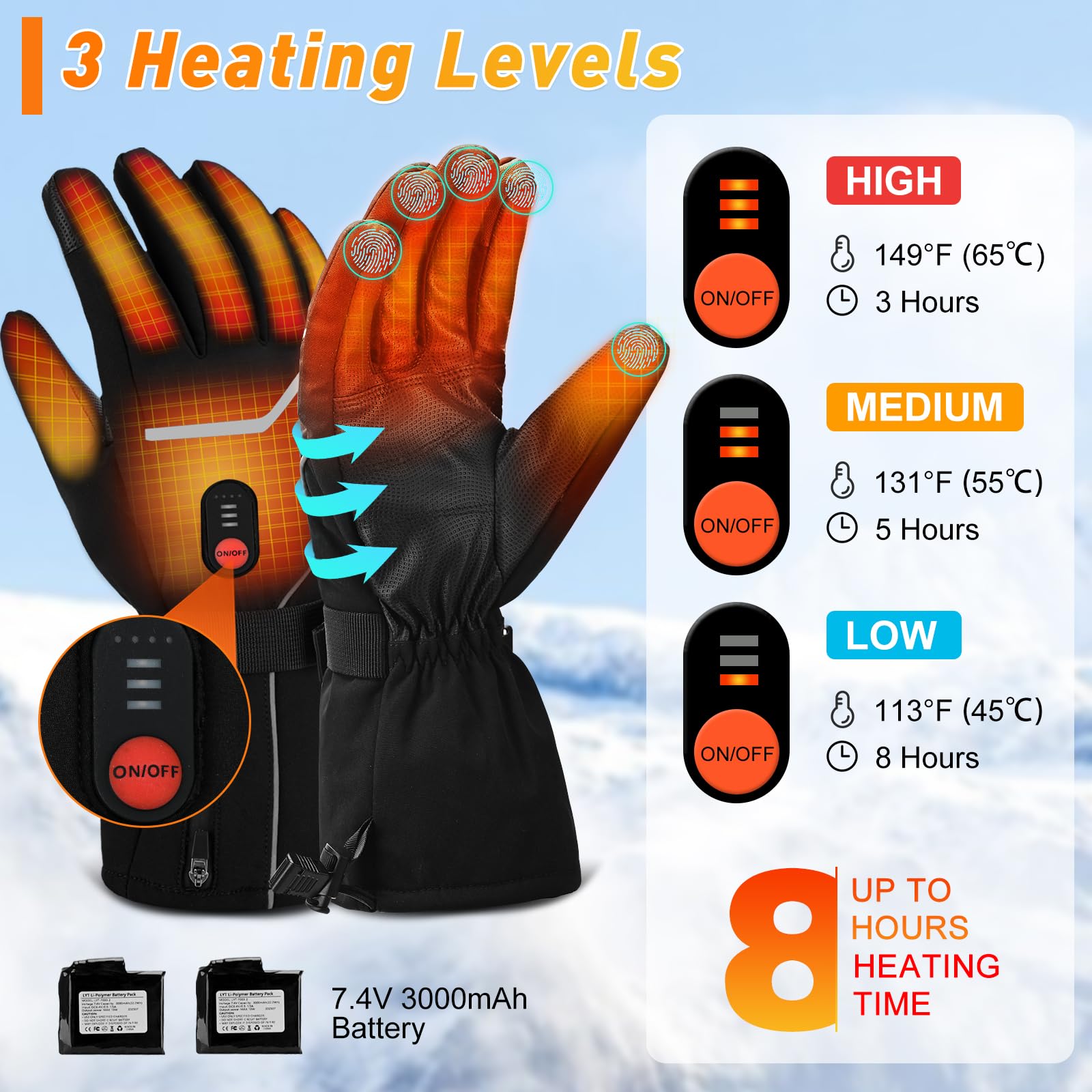 Beheizte Handschuhe,3 beheizte, temperaturverstellbare Touchscreen-Handschuhe,wiederaufladbare,7,4V 3000 mAh beheizte Handschuhe für Männer und Frauen,geeignet für Camping,Wandern,Skifahren(M)