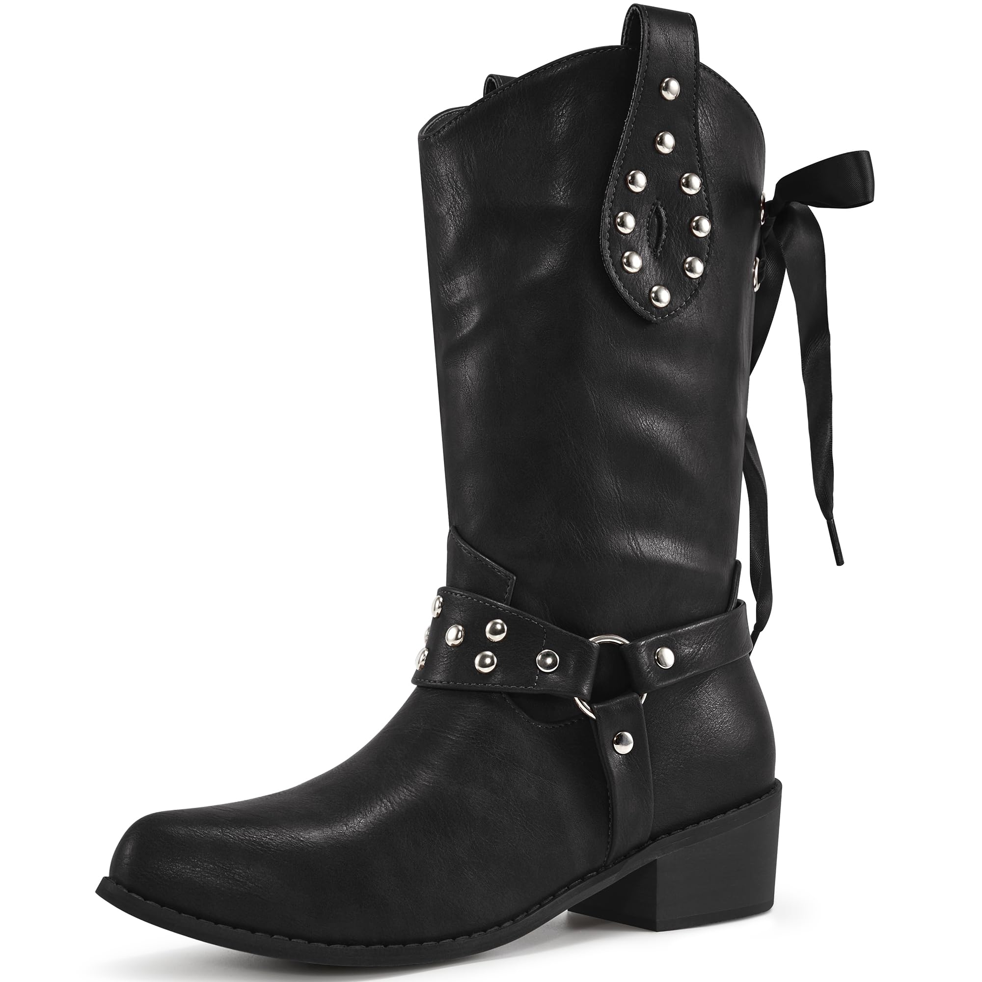 Aomigoct Western Cowboy Boots for Women Leather Mid Calf Fashion Chunky Cowgirl Boot Pointed Toe