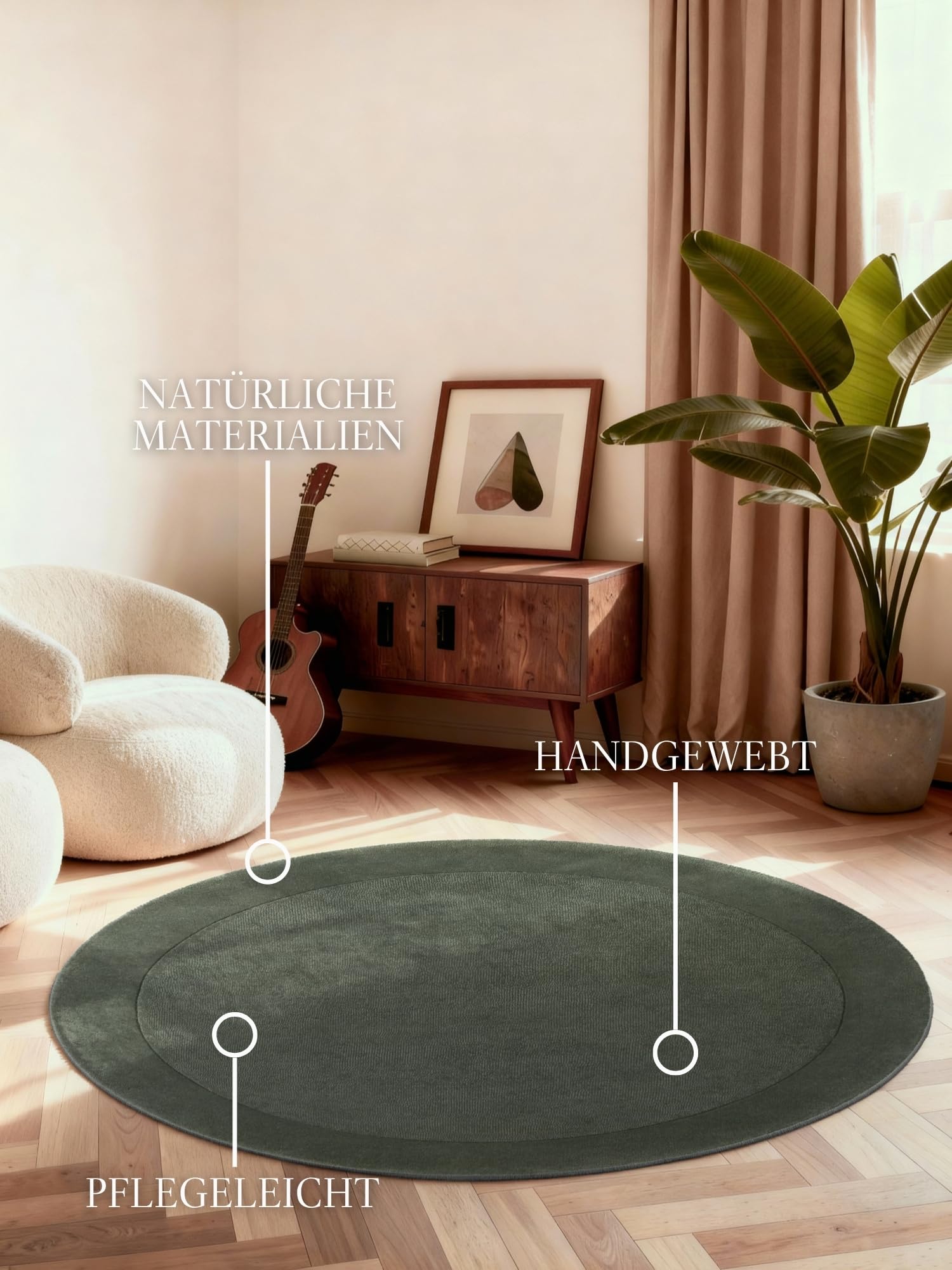 Villeroy & Boch Wollteppich Kivi Rund - Weicher Natur Wohnzimmerteppich mit Bordüre, Handgemacht & Natürlich, Modernes Design für Wohnzimmer, Schlafzimmer, Esszimmer, Flur - Natur Grün, Ø 150 cm