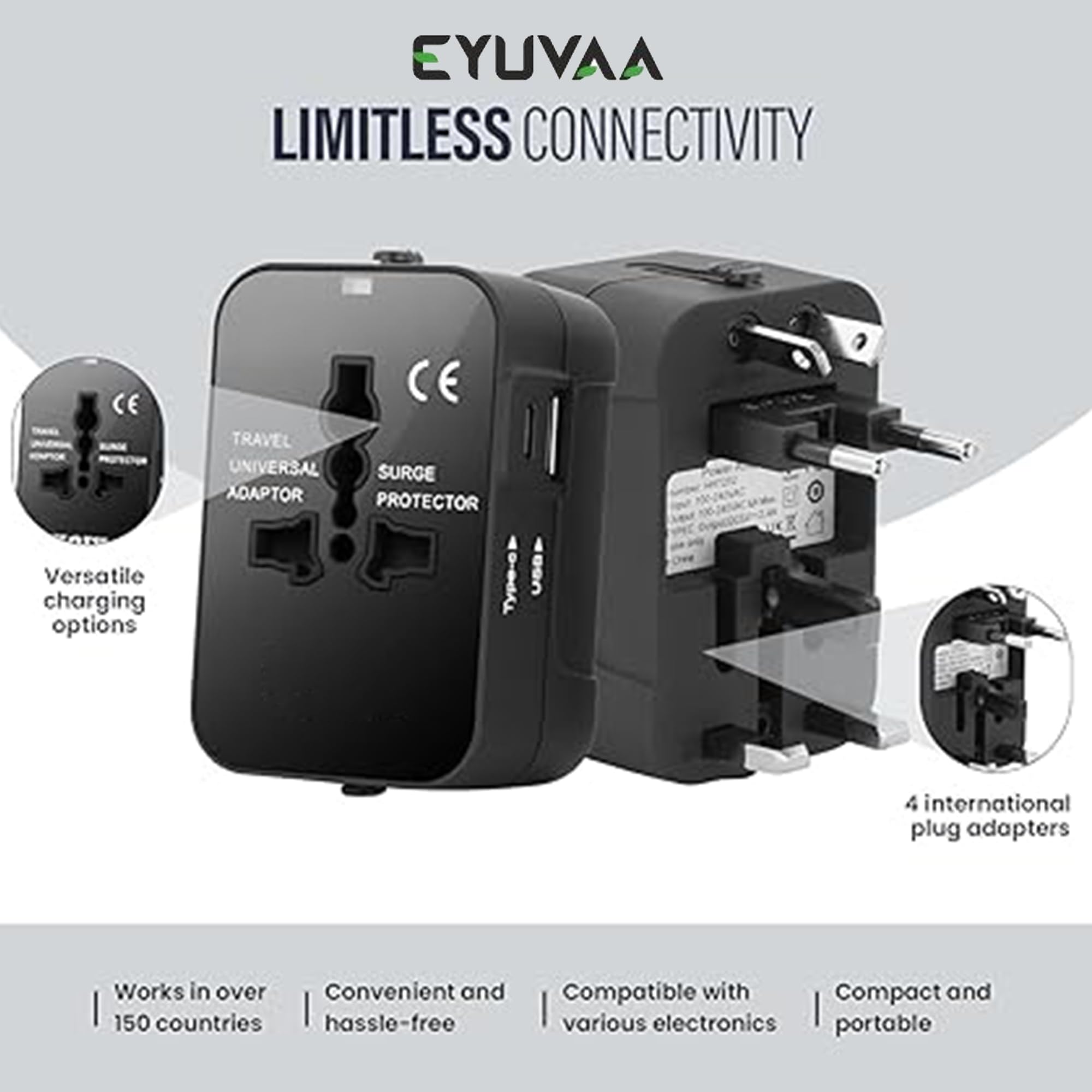 EYUVAA LABEL Universal Travel Adapter with Type-C & USB-A Ports| All-in-One International Travel Adapter| Power Plug Adapter Type C Charger for Phone, Laptop, Mobile, Camera, Tablet (Black) 1