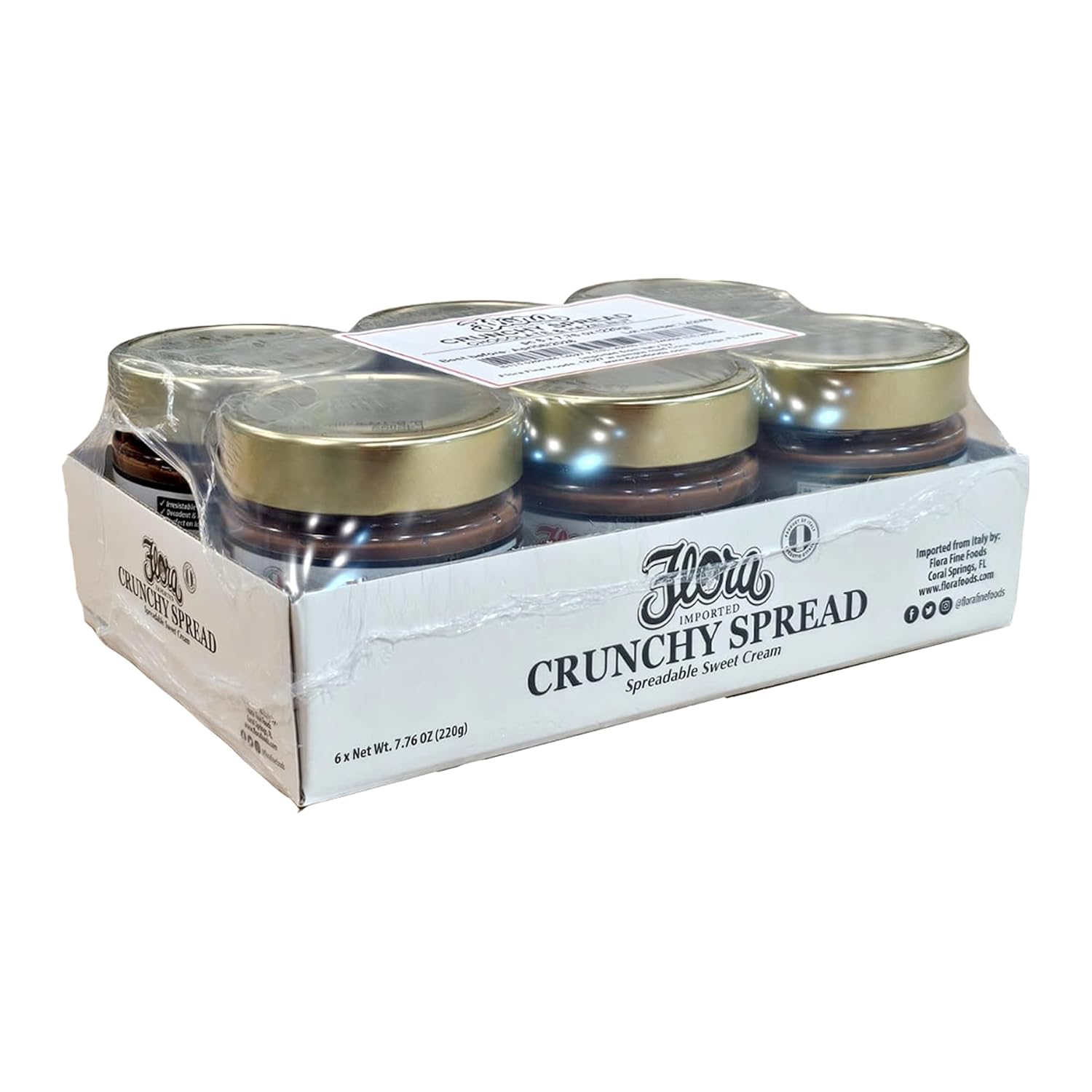 Flora Fine Foods Chocolate & Hazelnut Crunchy Spread | Imported from Italy | 7.76 oz jar | Spreadable Chocolate Sweet Butter (Case of 6)