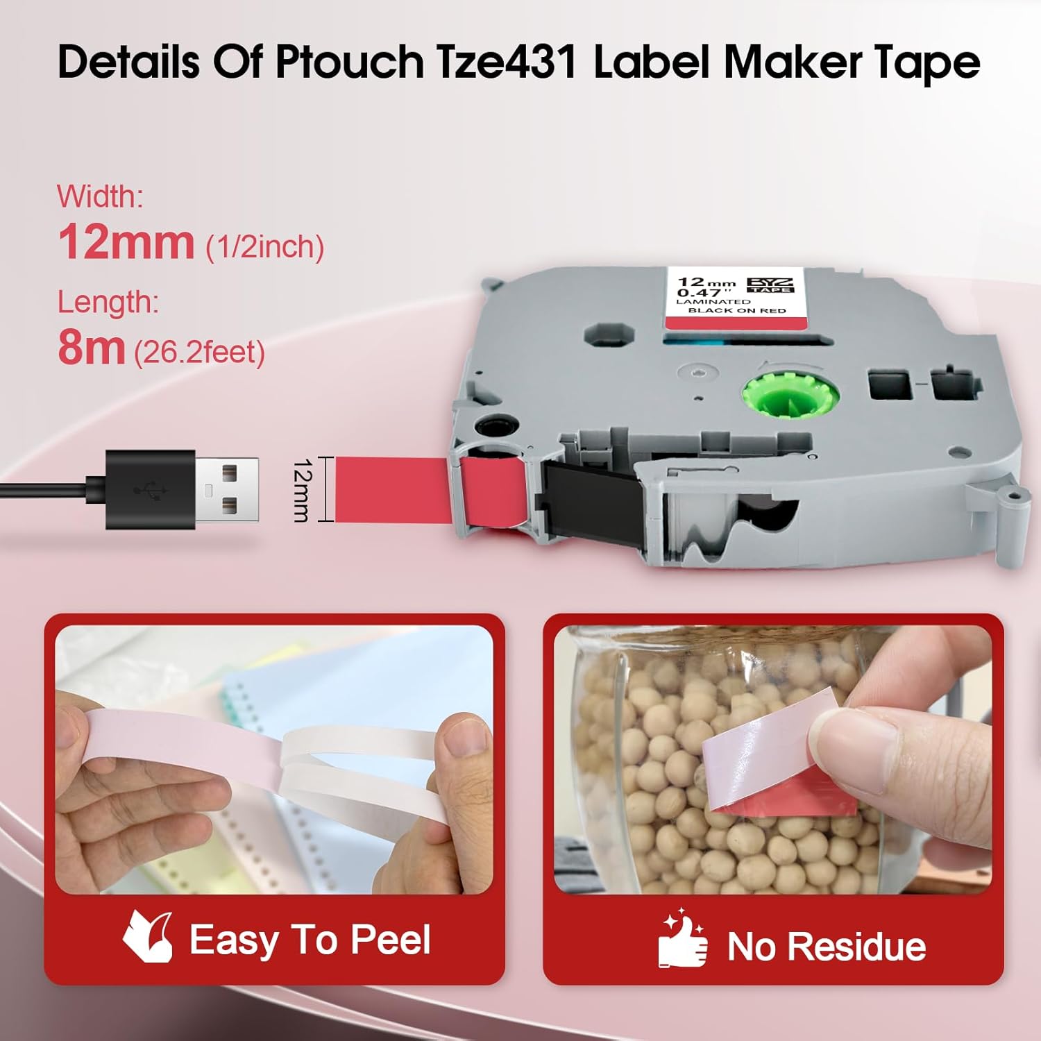 Compatible with Brother P Touch Red Tape TZe-431 TZe431 Black on Red Laminated Labels 12mm 0.47 Inch Replacement for Brother PTD210 PTD600 PTH100, 1/2 in x 26.2 Ft, 2-Pack - Image 3