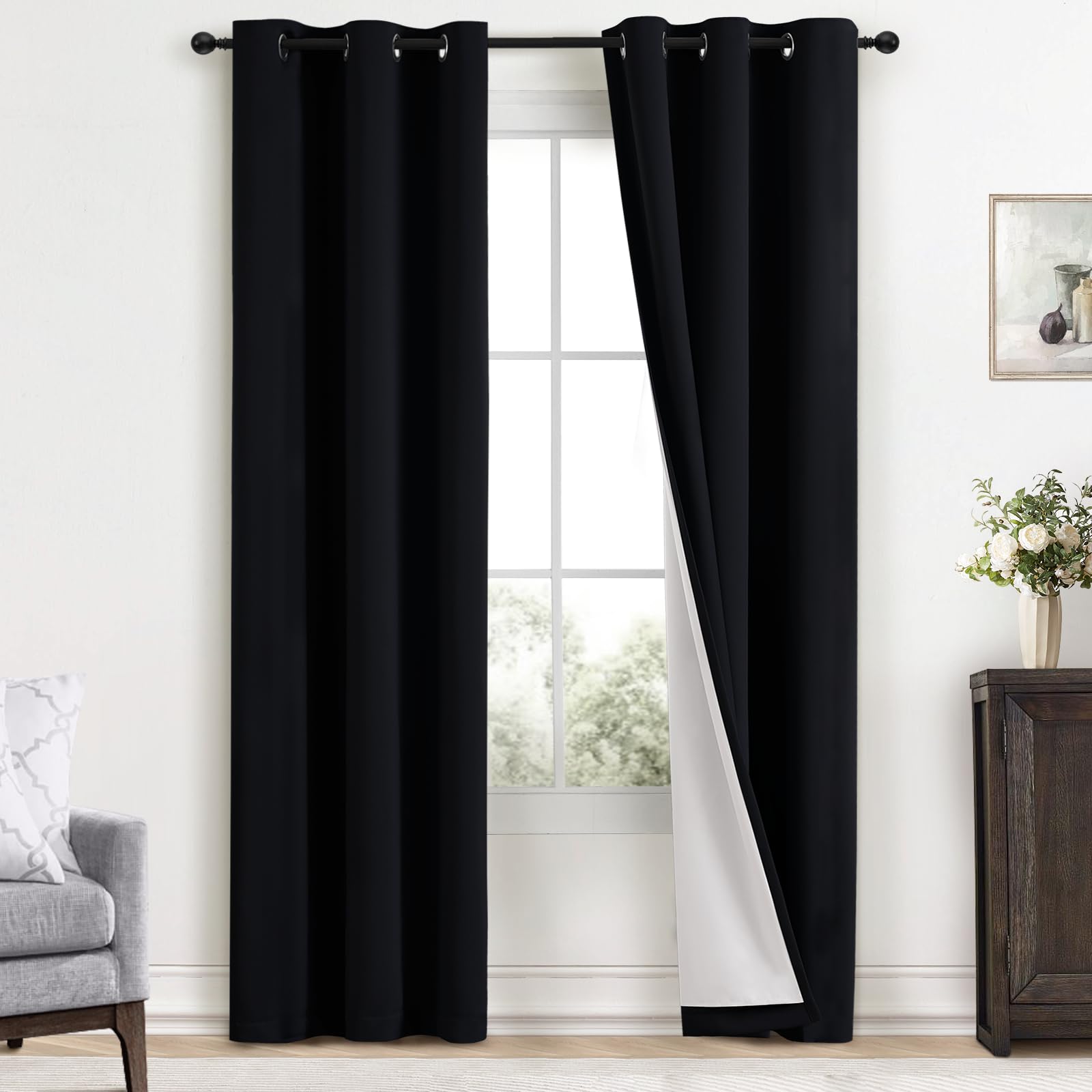 Yakamok 100% Blackout Curtains Black Room Darkening Thermal Insulated Window Curtain with 2 Thick Layers-Set of 2 Panels Grommet Top Drapes for Bedroom Living Room 38 Inches by 84 Inches Length โ image 1