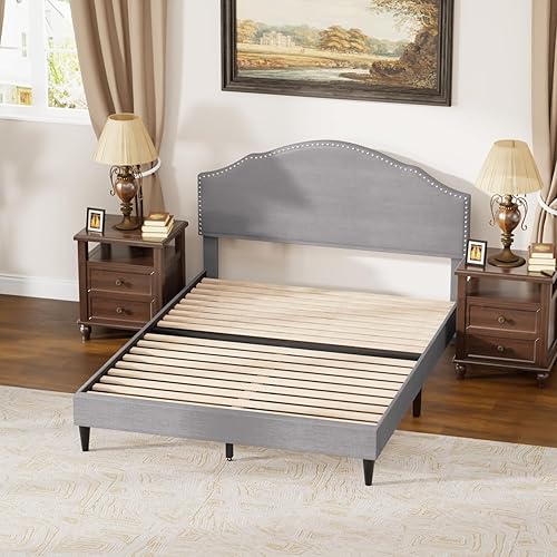 Miniatura 11 de PayLessHere Base de cama tapizada tamaño Queen totalmente tapizada con cabecera de tela, listones de madera, no necesita somier, diseño