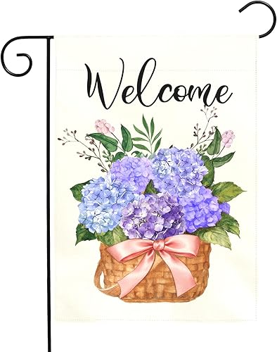 Miniatura 48 de Banderas de jardín de hortensias de bienvenida para primavera y verano, impermeable, bandera de jardín floral azul para exteriores, flores