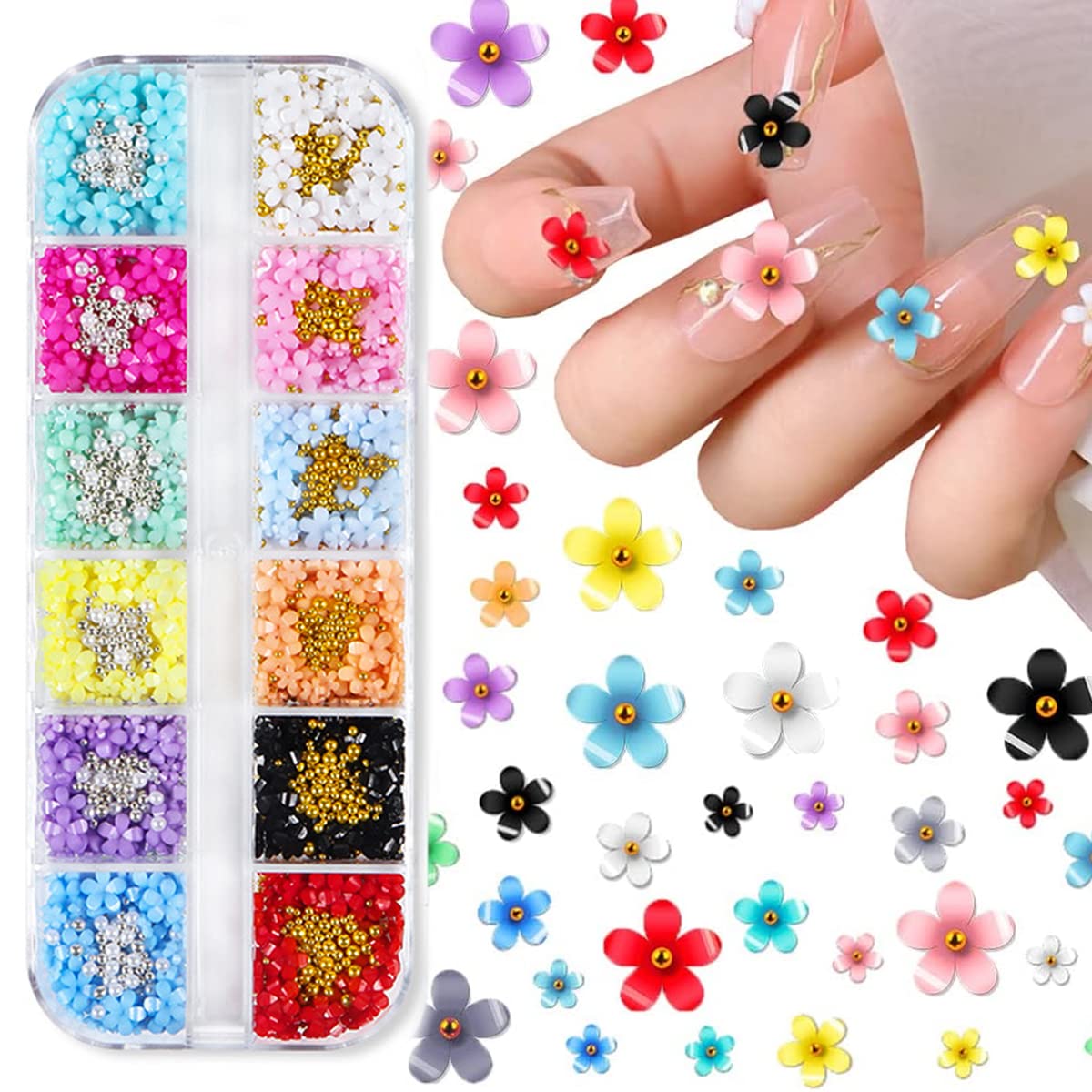 MAYCREATE® 3D Flower Nail Art Kit Nail Decals Nail Charms with Golden Beads for Women Girls, 12 Color DIY Resin Flower Decals for Nails Salon Accessories With Grid Case