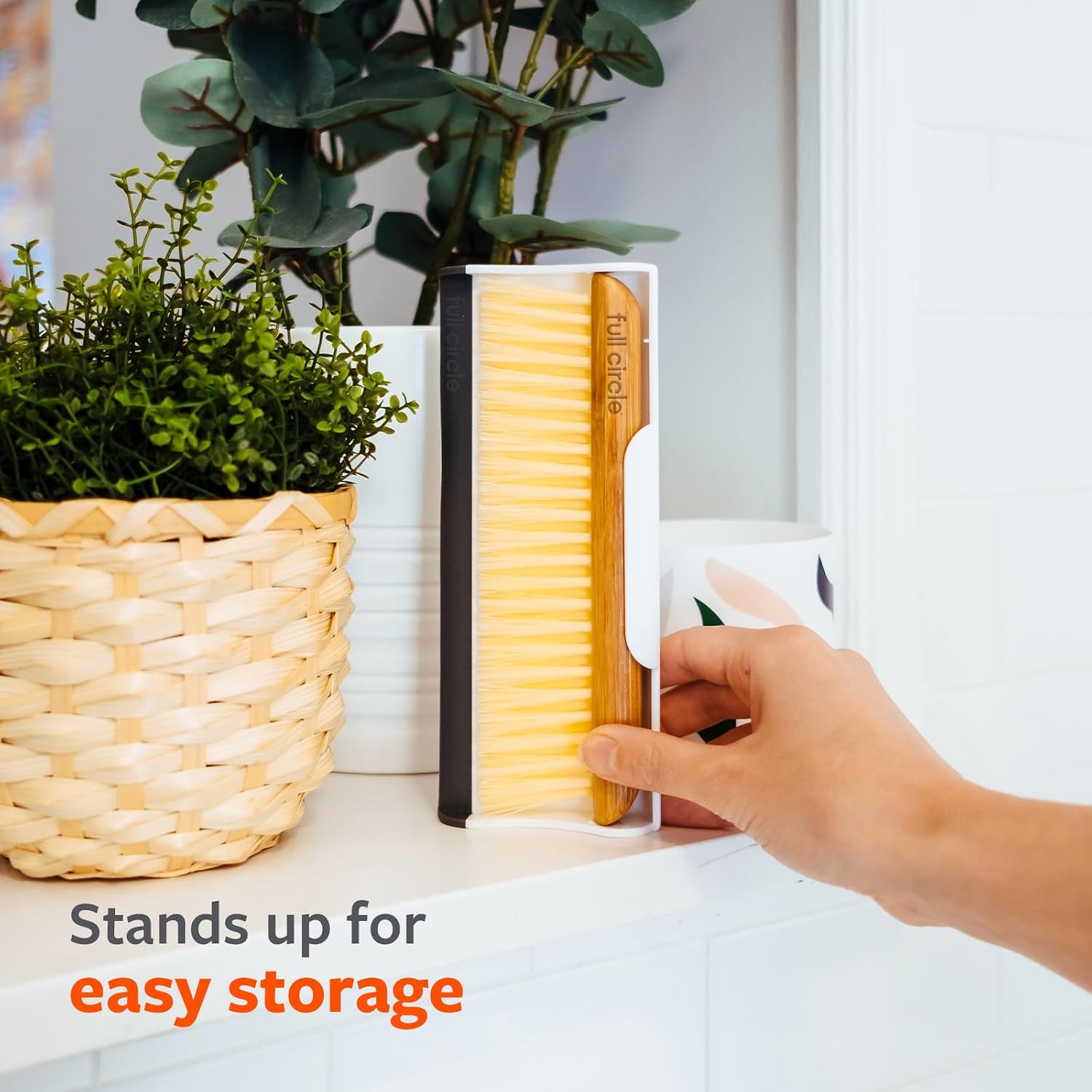 Full Circle Counter Clearer Sweep & Squeegee Tool, Countertop Sweep and Squeegee, Mini Portable Brush, Compact Storage, Sustainable Bamboo Handle