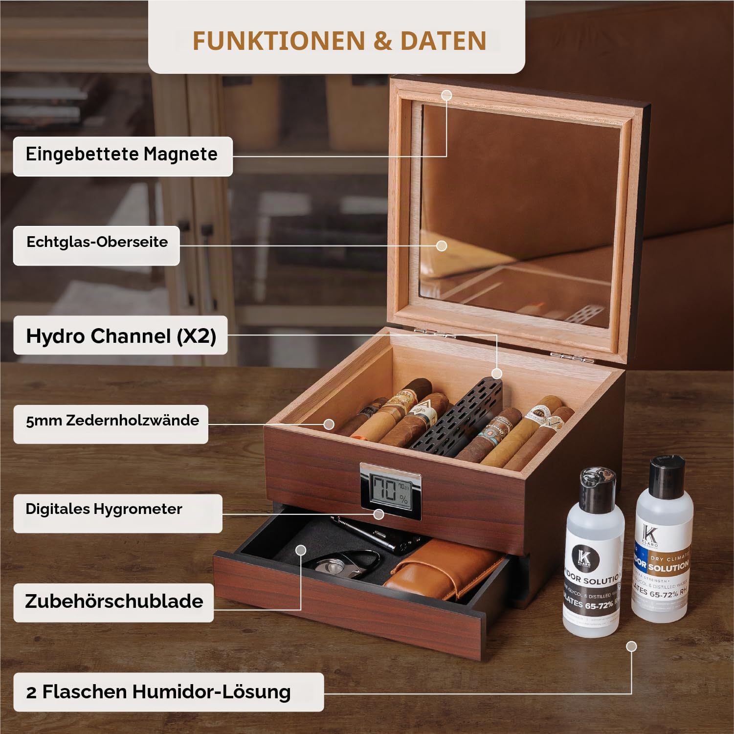 Case Elegance Handgefertigter Humidor aus Zedernholz mit digitalem Hygrometer vorne, Luftbefeuchterlösung und Zubehörschublade für 25-50 Zigaretten
