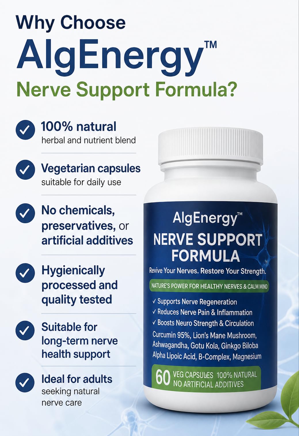 AlgEnergy™ Nerve Support Formula, 60 Veg Capsules, Natural Nerve Health Supplement with Curcumin, Lion's Mane, Ashwagandha, B-Complex, Magnesium for Nerve Regeneration and Pain Relief — Amazon image 7