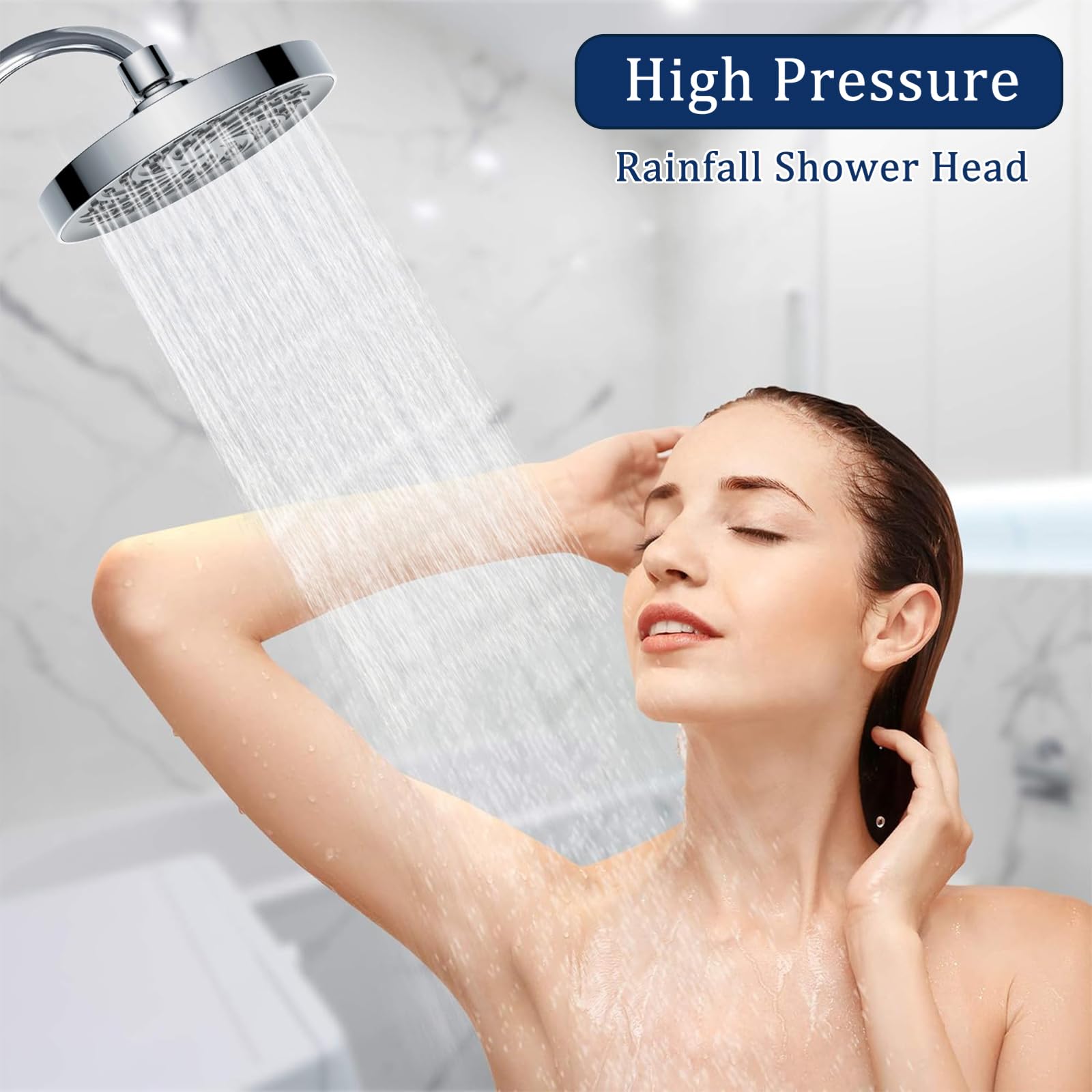 FUYIOCN 6 Inch Rainfall Shower Head, High Pressure Fixed Showerhead with Adjustable Angle, Chrome Finish, Tool-Free Install - Image 2