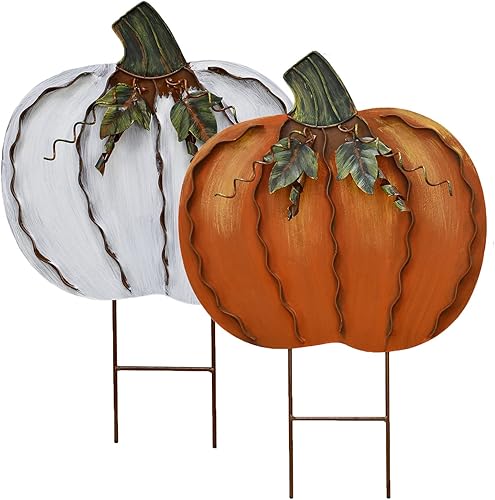 Letreros de metal con estacas de calabaza, decoración de otoño, decoración decorativa de jardín, césped, calabazas, decoración de otoño al aire