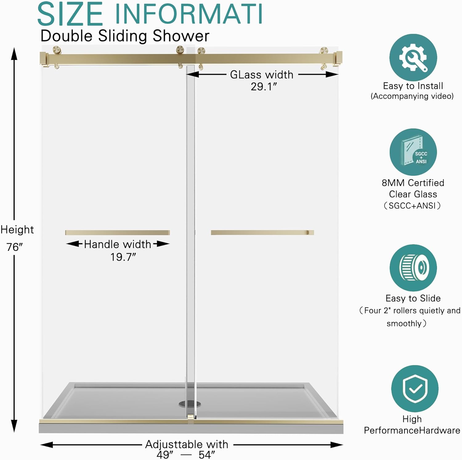 49-54" W x 76" H Frameless Double Sliding Shower Door for Walk-in Shower,5/16" (8mm) SGCC Certified Clear Tempered Safety Glass,Easy-Clean Coating,Quiet Heavy-Duty Roller System, Brushed Gold