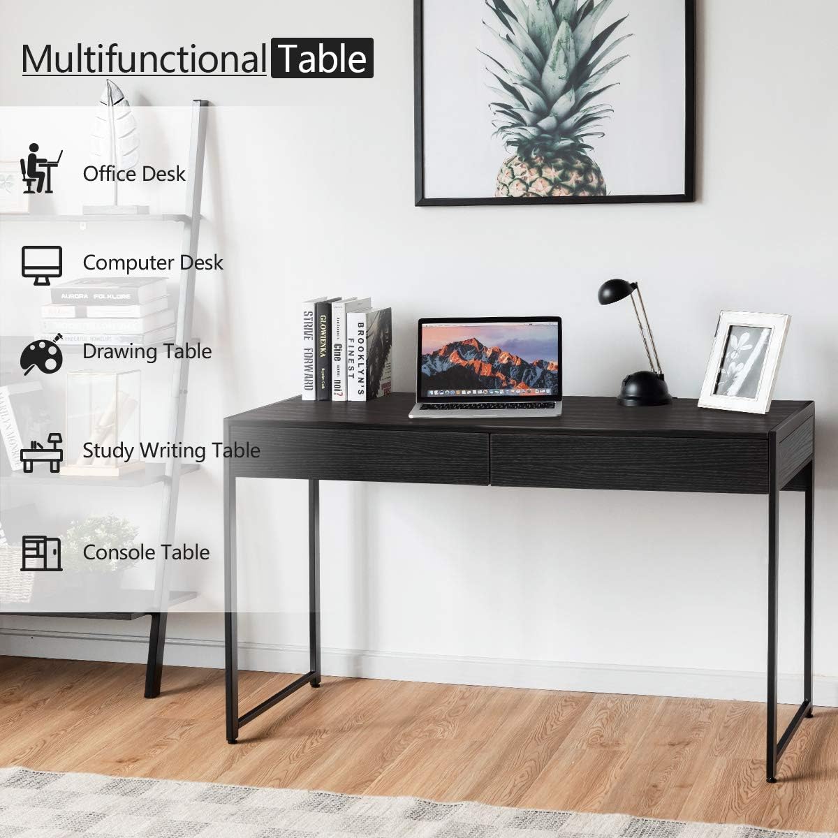 ERGOMASTER Home Office Desk with Drawers Black Modern Wood Desk Laptop Writing Computer Room Work Table for Bedrooms (44") inch