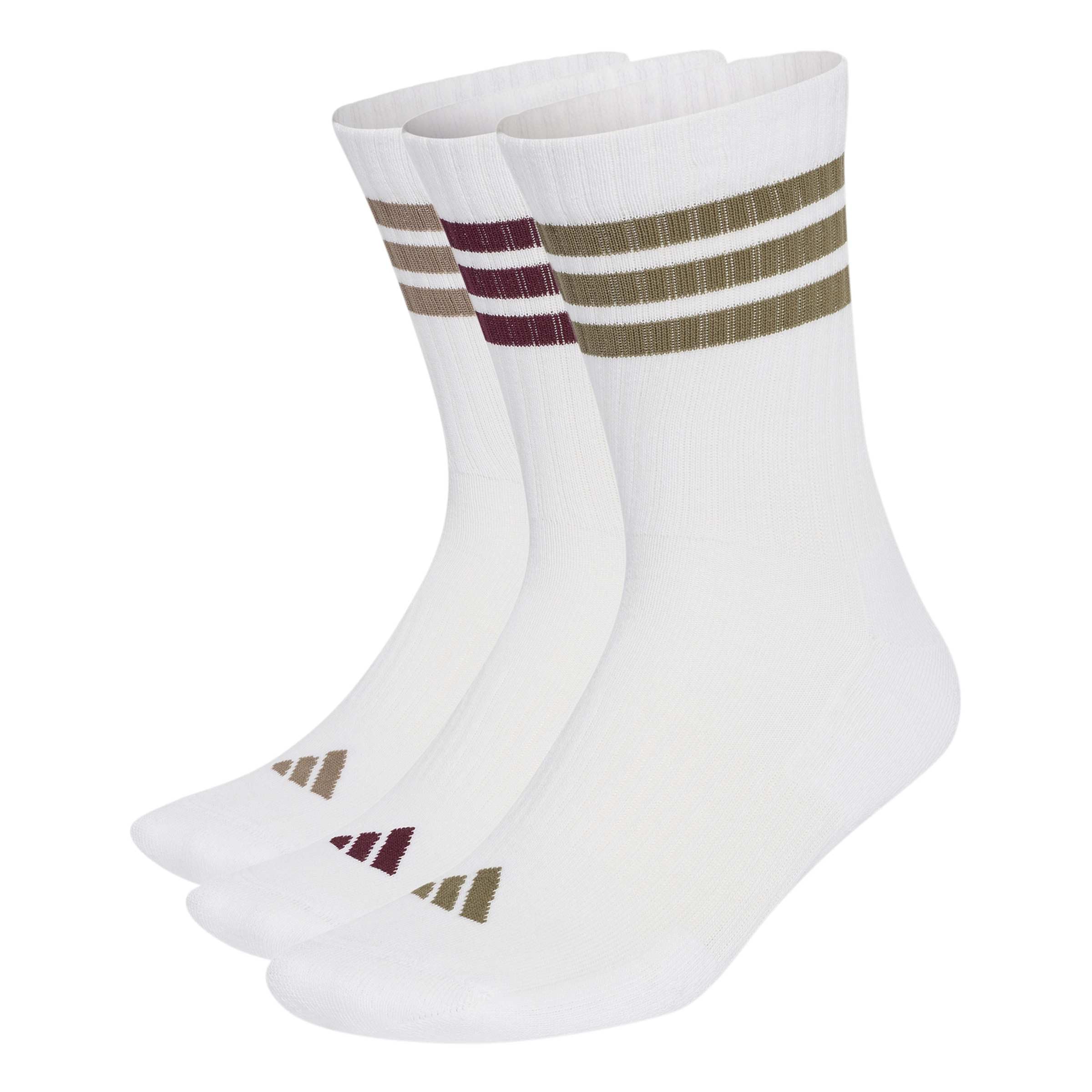 adidas Unisex 3Stripes Cushioned Sportswear Crew Socks 3 Pair Pack Socks, white/olive strata/Khaki Six/maroon, M