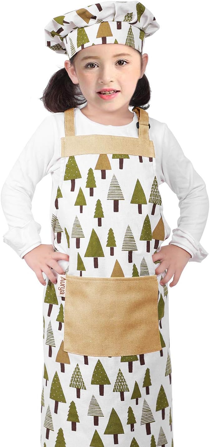 Kids Apron and Chef Hat Set-Adjustable Child Apron for Boys and Girls for Cooking Baking Pine Trees - Image 5