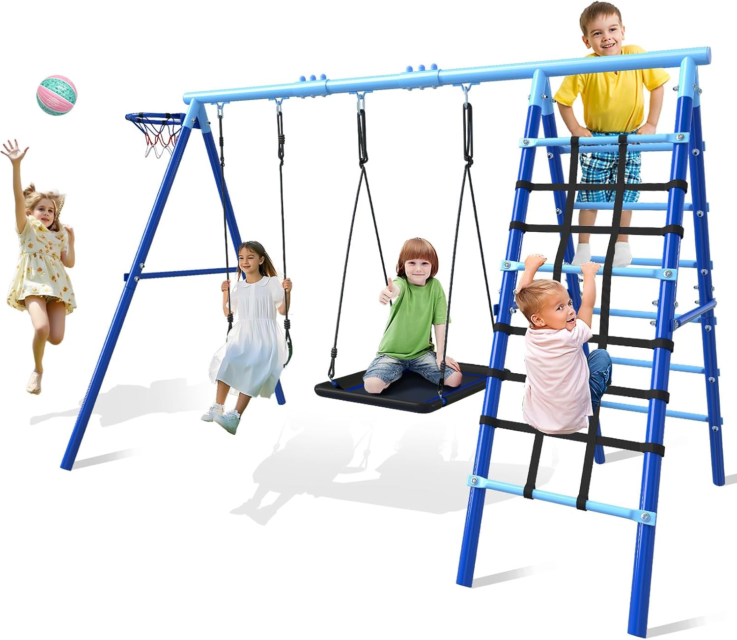 JYGOPLA 5-in-1 Metal Swing Sets for Backyard, Heavy Duty Outdoor Playground for Kids with 43" Platform Swing, Belt Seat, Climbing Rope Ladder, Rigid Ladder & Basketball Hoop