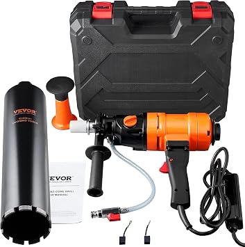 VEVOR Diamond Core Drilling Machine, 4in Handheld Wet Concrete Core Drill Rig, 1100-2400RPM Two Speed & 1-1/4 Thread & 2 Bubble Levels, 3-4in Drilling Diameter for Concrete Brick Block Stone, 1500W